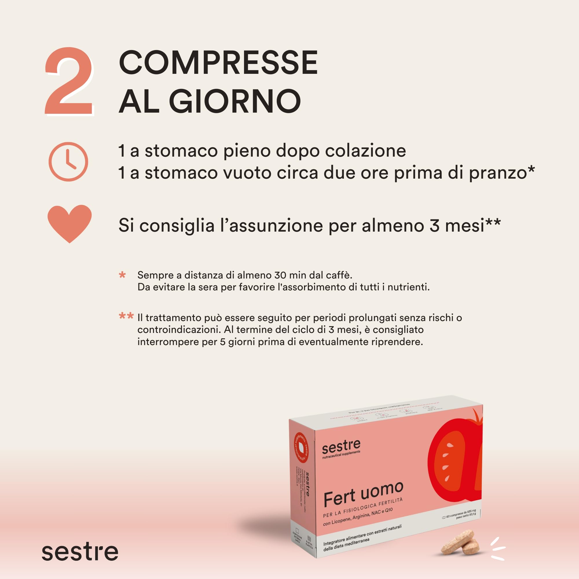 Sestre Fert Uomo, Integratore per la Fertilità Maschile, Aiuta a Mantenere Normali i Livelli di Testosterone, con Licopene, Selenio, Zinco e Altri Attivi Nutraceutici, 60 Compresse