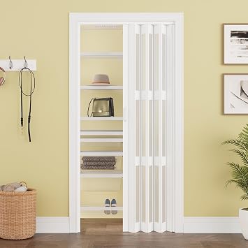 36" x 80" Enhanced Accordion Doors with 3 Frosted Acrylic Panels, Magnetic Accordion Closet Door Hardware Kit Included, PVC Folding Doors with 2 Handles for Closet Bathroom Doorways and Room Divider