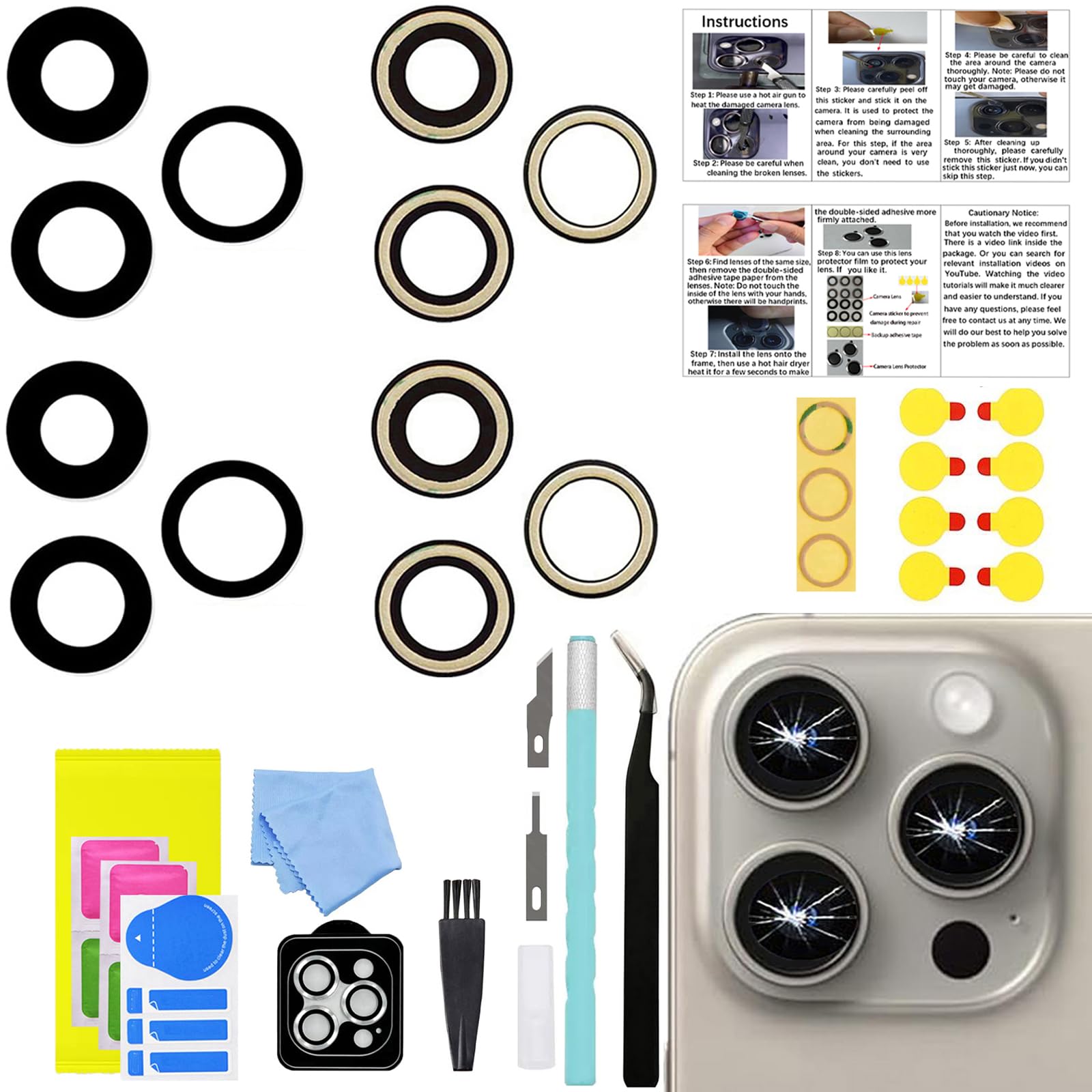 Photo 1 of 2 Sets LEAFE for iPhone 15 Pro Max Camera Lens Replacement, OEM Original Camera Glass Lens with Pre-Installed Adhesive+Repair Tools