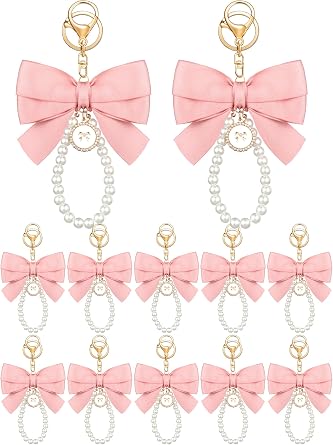 Sureio Pink Bow Keychain Coquette Pearl Bowknot Keyring Bulk Wristlet Keychain Vintage Ribbon Purse Charm for Women Handbags
