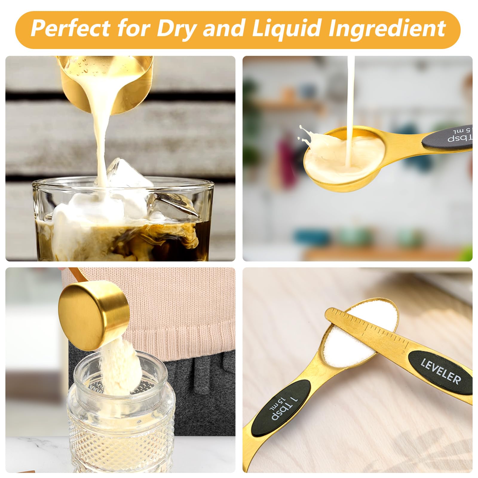 GuDoQi Gold Magnetische Messlöffel und Becher Set mit 15 Stück, 8 doppelseitige magnetische Messlöffel-Set mit Nivellierer, 7 Messbecher, Premium-Edelstahl, Messung für flüssige und trockene Zutaten