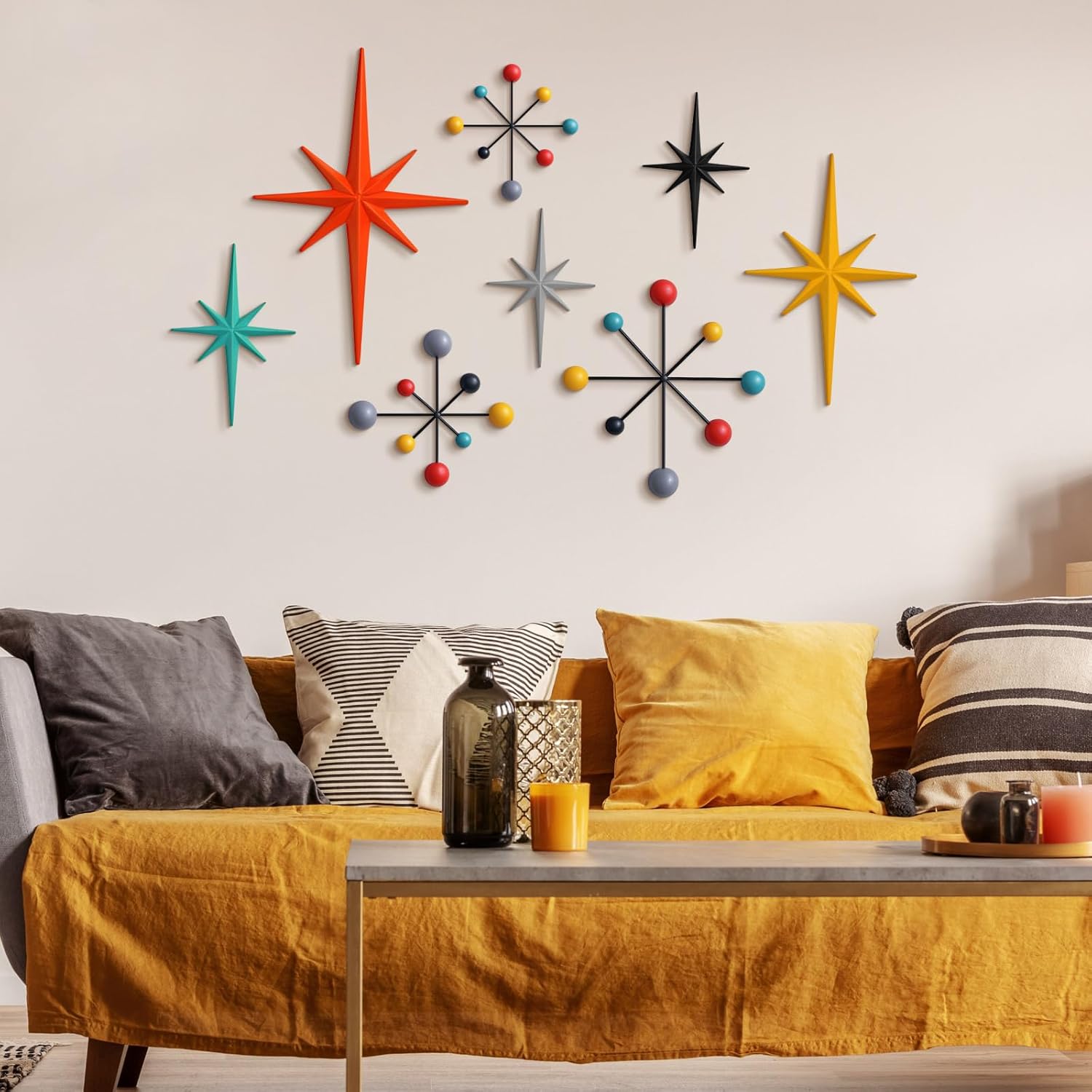 Otoolling 8 Pcs Retro Wall Decor Metal Mid Century Modern Art Retro Vintage Colors 3D Star Atomic Sculpture Iron Starburst Vintage Celestial Metal Wall Decor Accent Hangings for Home Office Room
