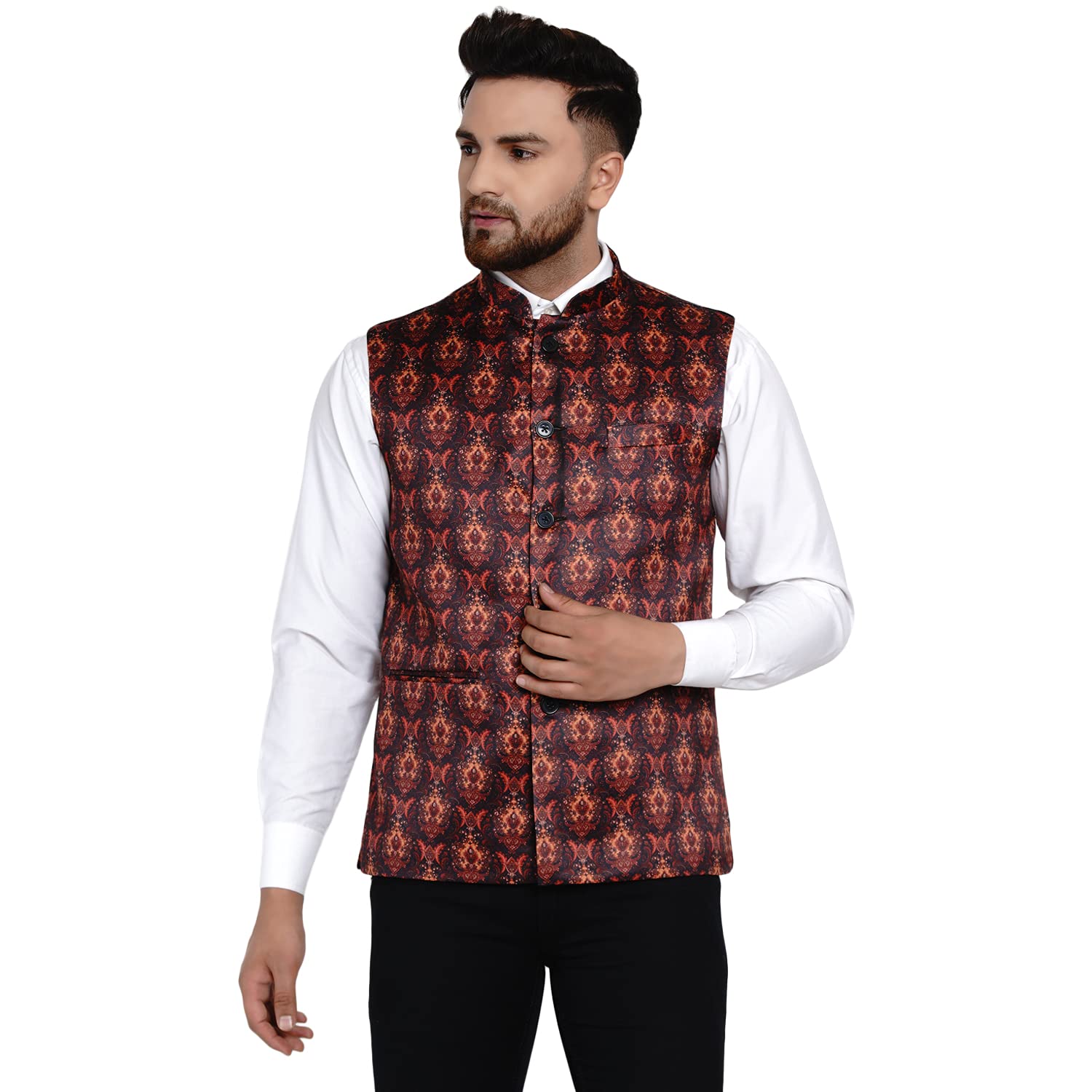 veera paridhaan Men's Satin Multi Print Nehru Jacket (Brown)-picture-44