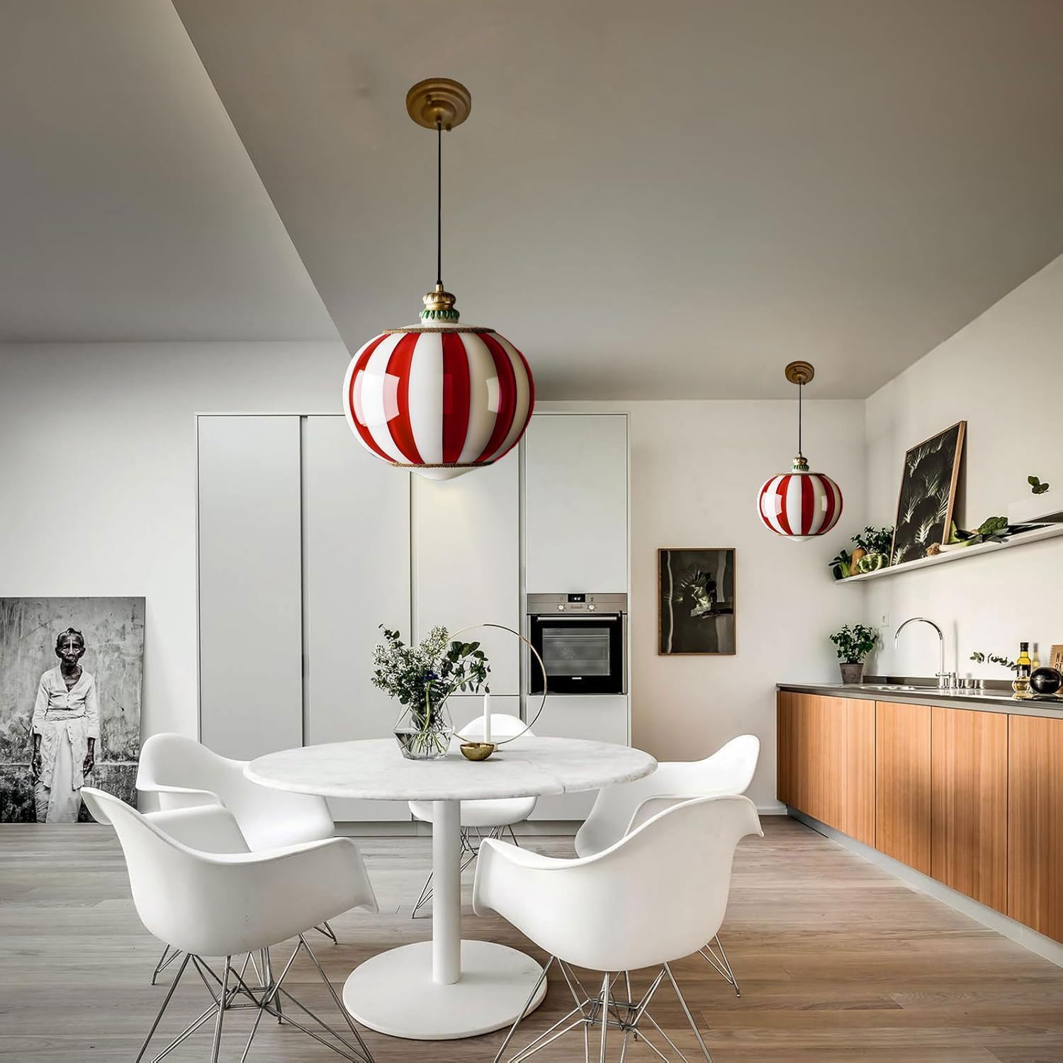 Circus Style Chandelier Vintage Red and White Striped Design Glass Lampshade Lighting Fixtures LED Pendant Light for Dining Room Kitchen Island