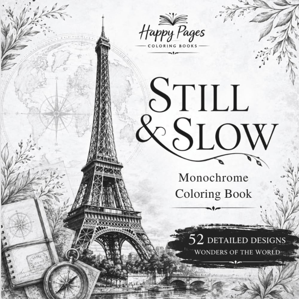 Still and Slow Monochrome Coloring Book for Adults: 52 Wonders of the World Designs for Stress Relief with Guided Gray Grid Coloring – One Color Coloring Book for Adults