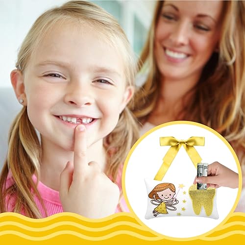 Miniatura 9 de Malihome Almohada de hada de dientes con bolsillo para niñas y niños, almohada de dientes de hadas de dientes, bolsa de recuerdo de dientes, 8.6 x
