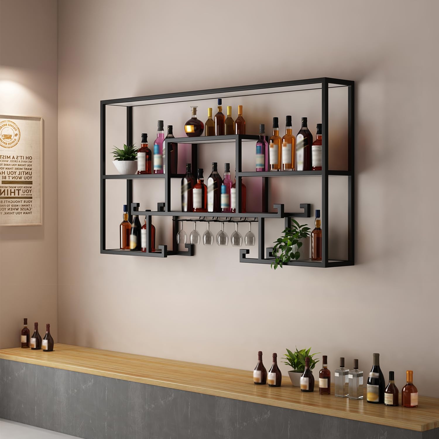Étagère de bar flottante LED en métal pour bouteilles et verres