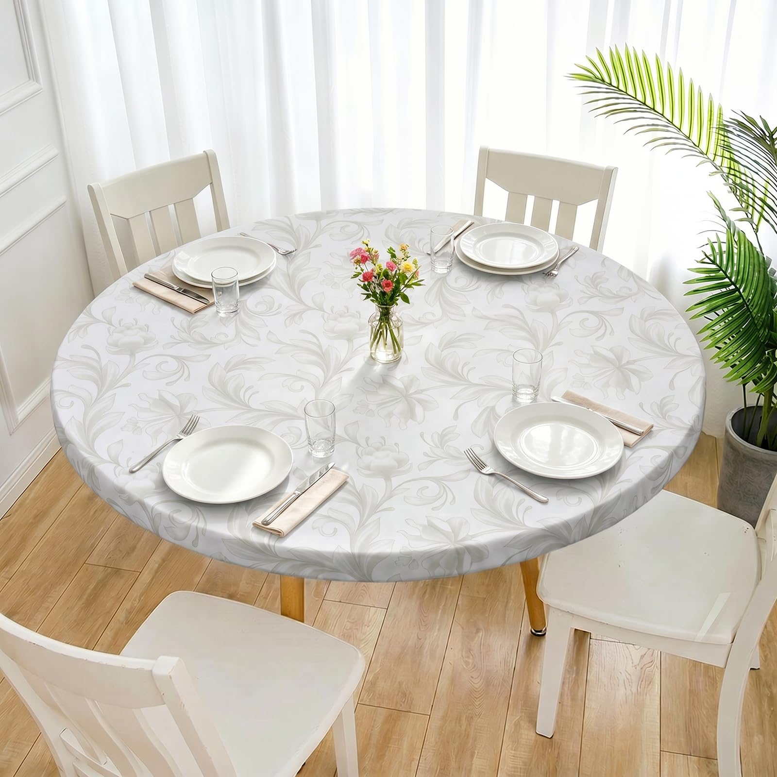 Round Fitted Tablecloth with Elastic Edge, Wipeable Flannel Backed PVC Table Cover for 90-110cm, Waterproof Non Slip Table Protector for Dining Room, Kitchen, Picnic(Silver)