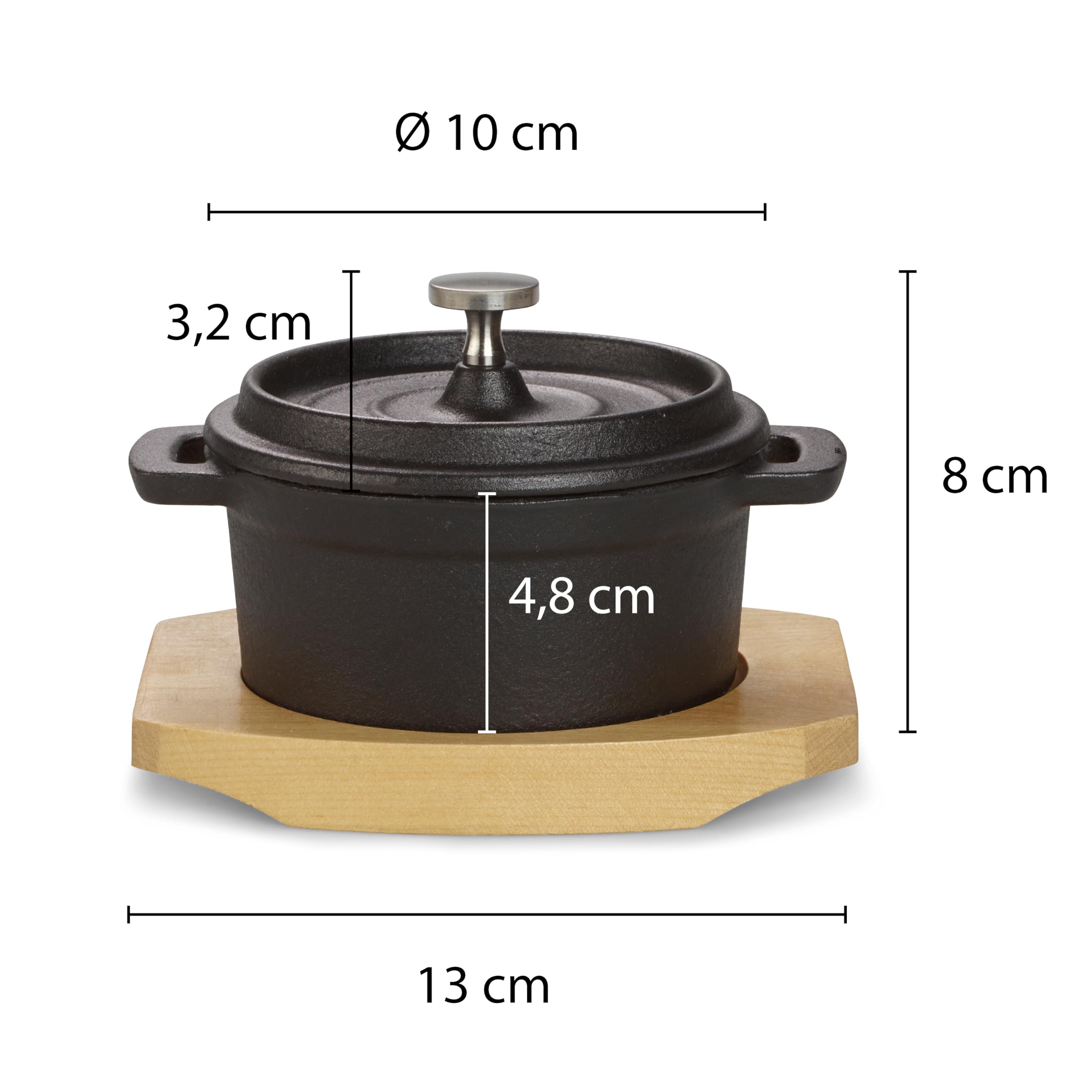 ECHTWERK Kochtopf Set aus Gusseisen, Mini-Kochtopf mit Servierbrett, Kleiner Bräter, Bereits eingebrannt, Für Backöfen, Grill, BBQ und Induktion geeignet, Ideal zum Servieren, 250 ml, 4tlg