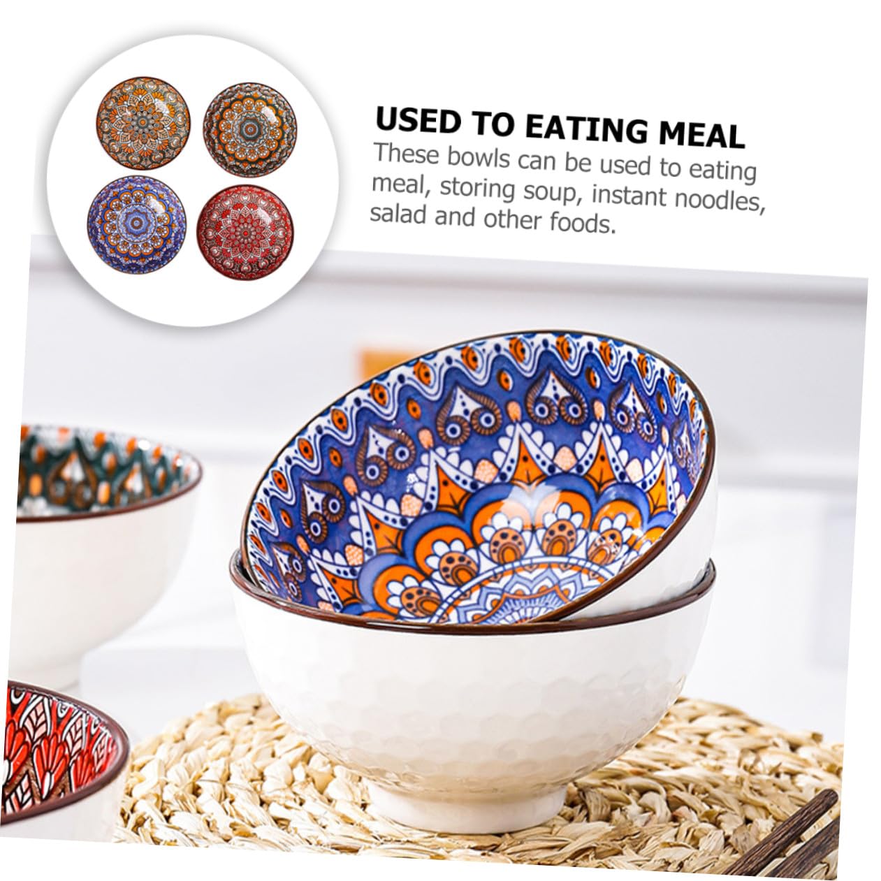 ABOOFAN Juego de 4 Tazones de Cerámica Estilo Bohemio para Arroz y Ensalada Borde Liso, Multiusos, Adecuado para Obsequio de Inauguración de Casa Color Aleatorio