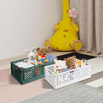 4 Pieces Folding Crate Plastic Sturdy Folding Boxes Foldable Storage Basket Stackable Folding Box Set for Storage Kitchen Bedroom Study Office Garden (Dark Green + Grey 30 x 20 x 12 cm)