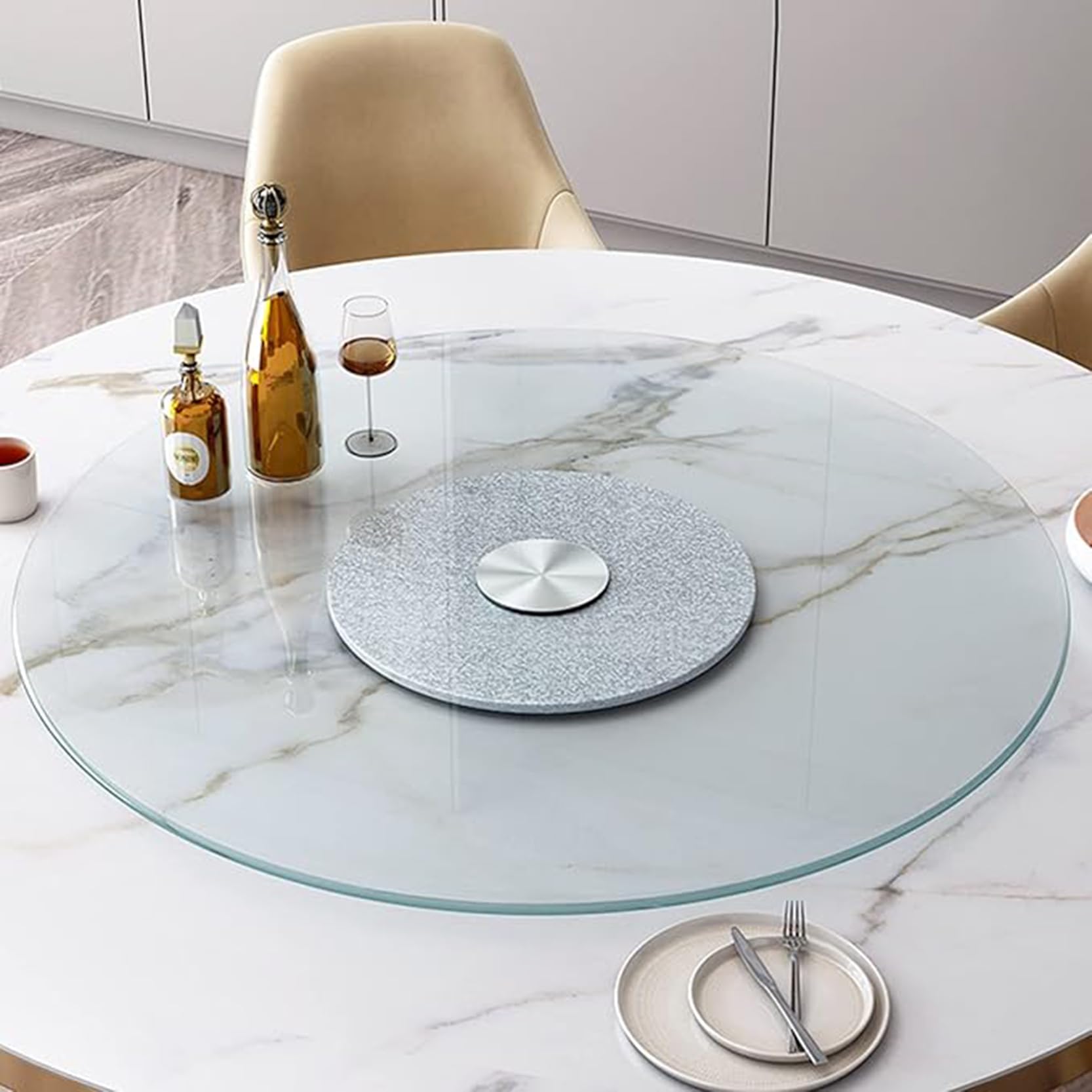 Vassoio Girevole con Cuscinetti in Lega di Alluminio, Grande Piatto Girevole Rotondo, Lazy Susan in Vetro per Banchetti e Feste in Cucina, Piatto da Portata in Vetro temperato (Dimensioni: 1