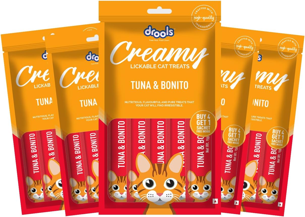 Creamy Lickable Cat Treats (75g x 5 Pouches) Total 375g | Tuna & Bonito | Easy to Hand Feed | Enriched with Vitamins