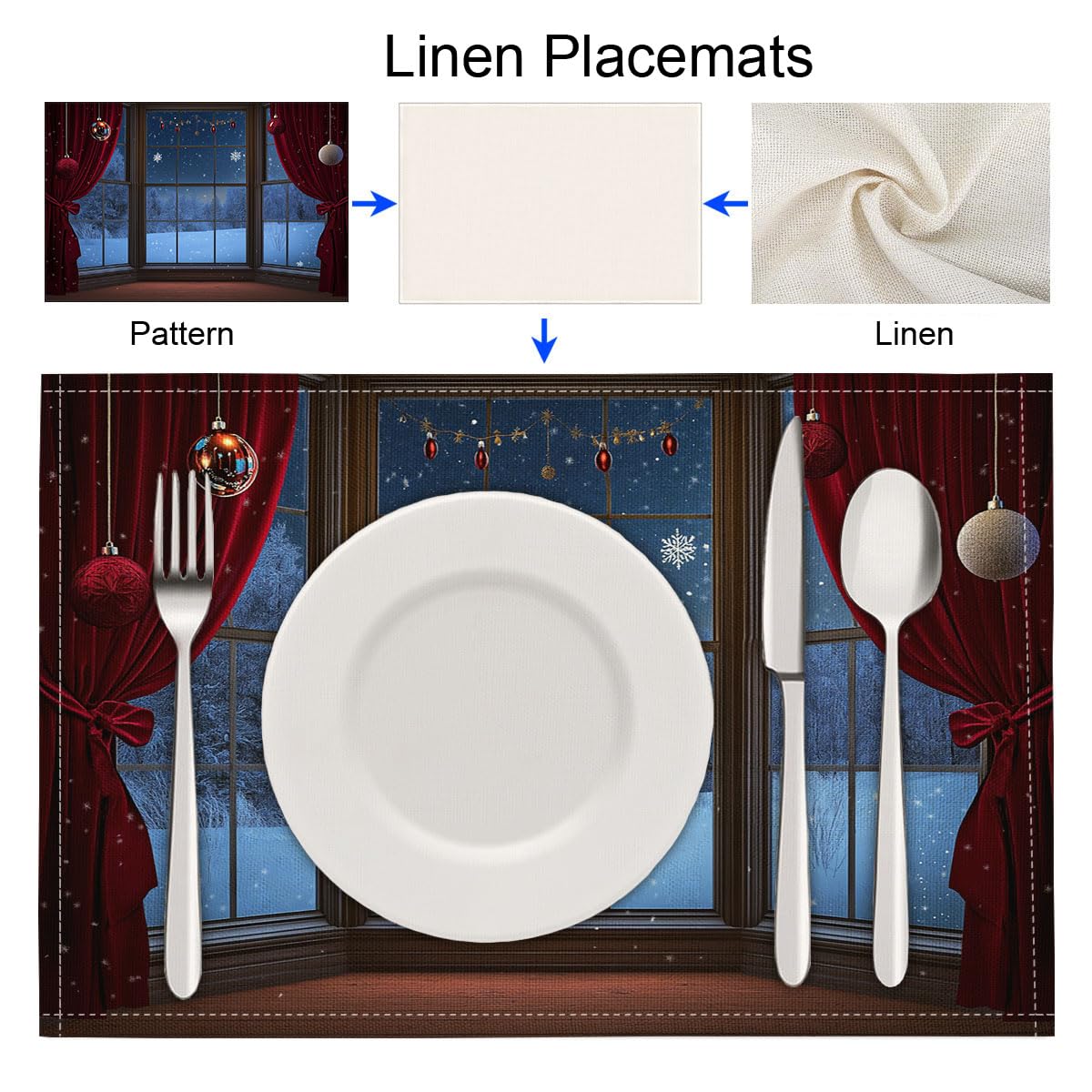 Platzset Weihnachten, 8er Set Tischsets Nachthimmel Schneeszene, 30x45 cm Natur Winter Wald Platzsets Abwaschbar, Blau Leinen Weihnachts Tischset Für Party und Tisch Weihnachtsdeko