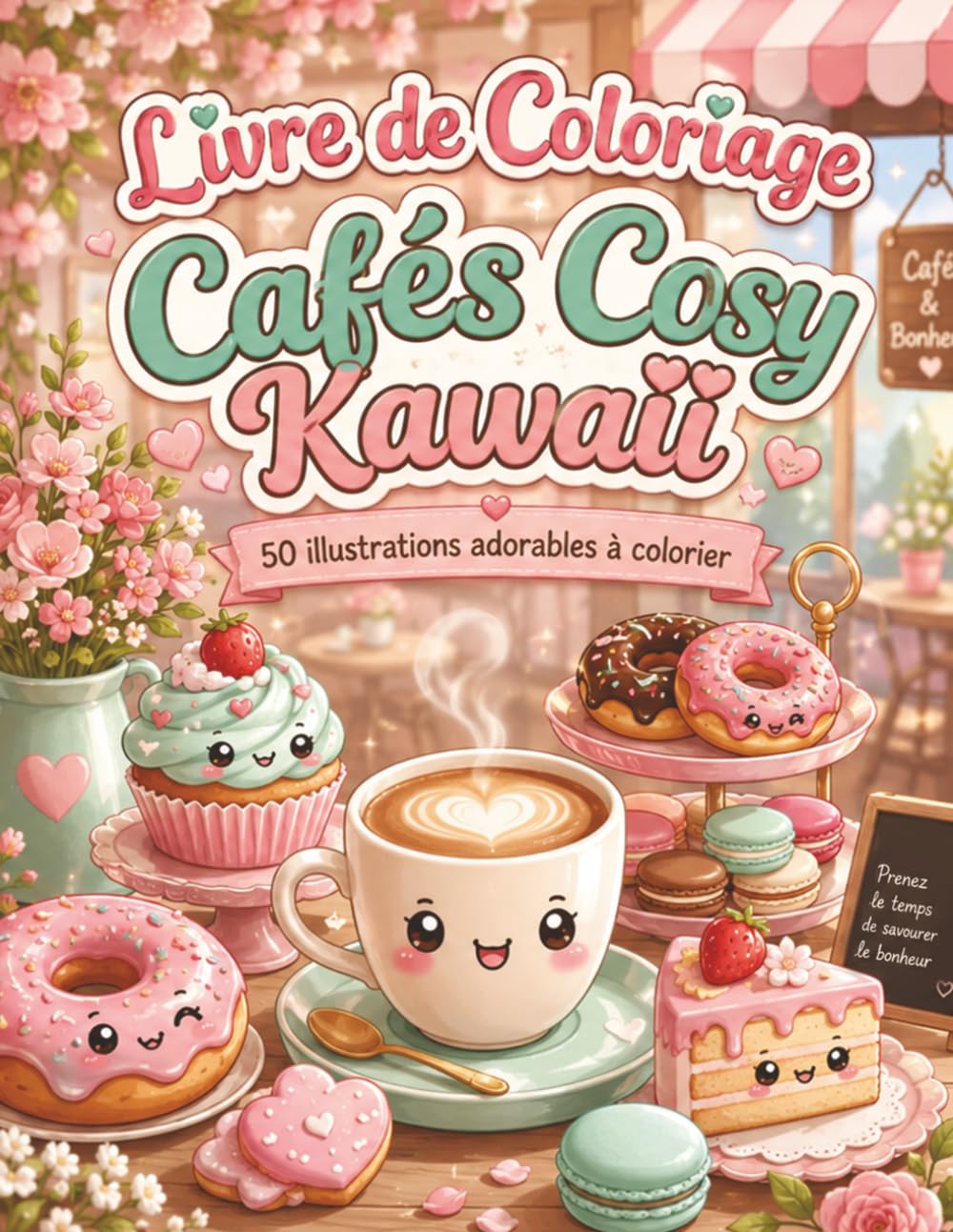 Livre de Coloriage Cafés Cosy Kawaii: Pages relaxantes de salons chaleureux, vitrines sucrées, animaux mignons et pauses créatives