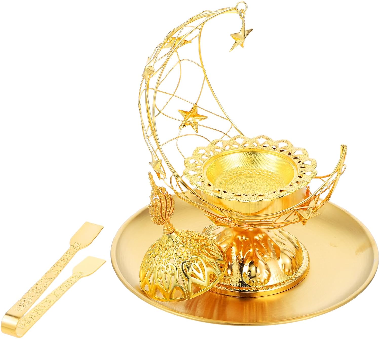 GARVALON Metal Incense Burner Set Crescent Tray and Tongs, Aromatherapy Censer for Living Room and Eid Festival Decoration, Decorative Metal Incense Holder for Home Fragrance and Desktop