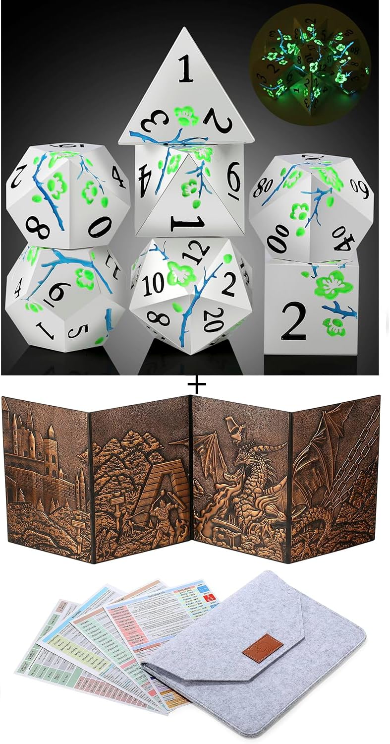DNDND Green Glow in The Dark Metal Dice Set with Gift Case and DNDND 3D DM Screen with Flet Case