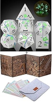 DNDND Green Glow in The Dark Metal Dice Set with Gift Case and DNDND 3D DM Screen with Flet Case