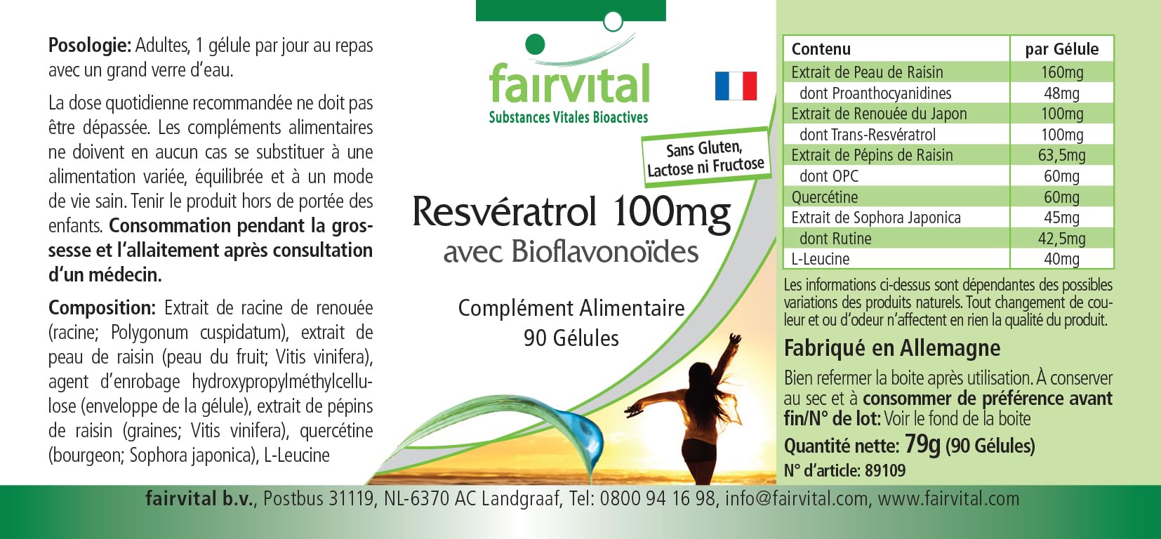 fairvital Resvératrol 100mg en gélules avec bioflavonoïdes, 90 gélules, VÉGÉTALIEN, avec rutine, OPC et quercétine