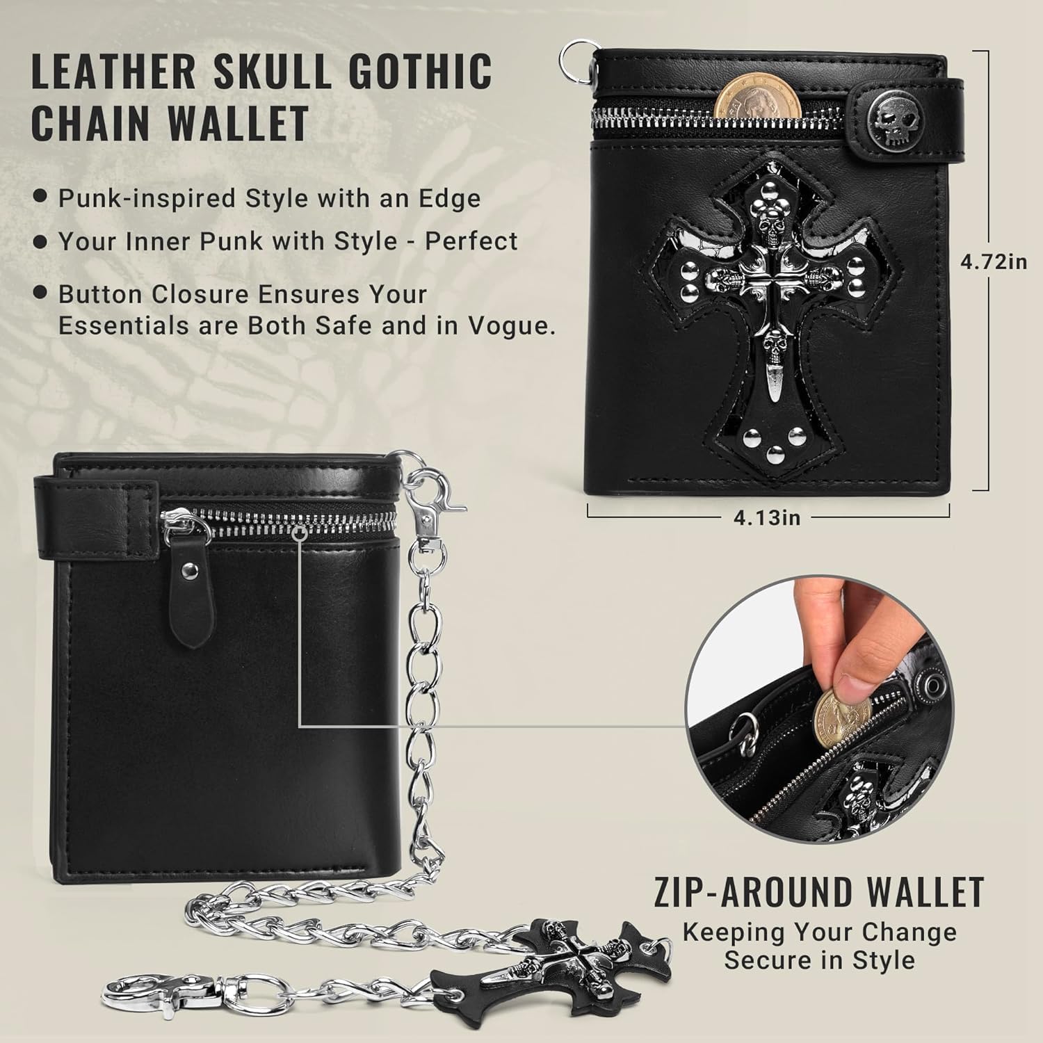 ZEKEE Cross Chain Wallet Leather - Jesus Gifts - Punk Skull Gothic Bifold Halloween Goth Accessories | Unisex, Black - Image 5