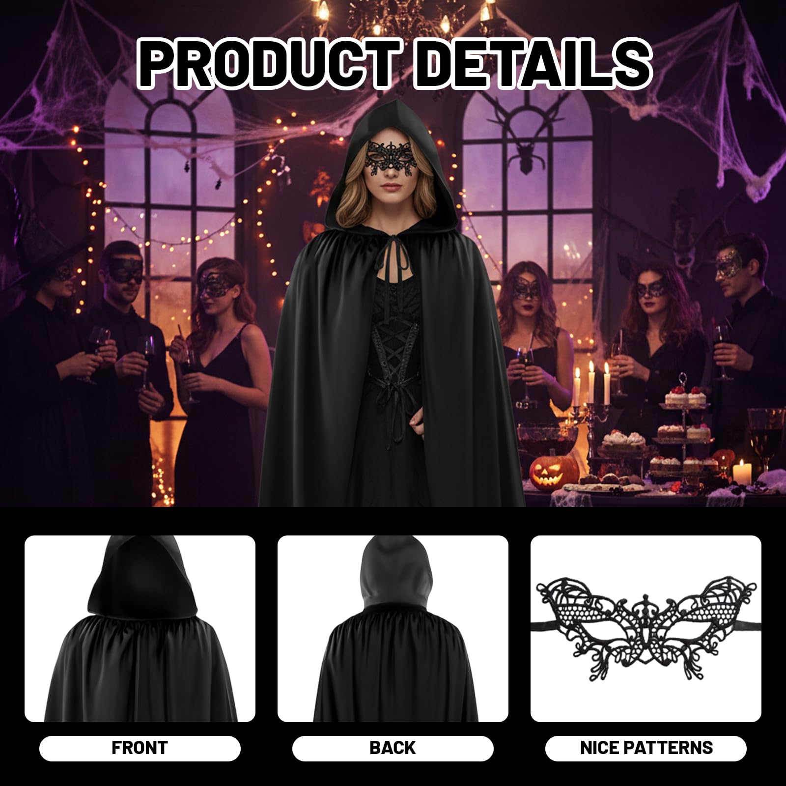 1Pcs Black Cloak, 140cm Black Cape with Hood and Black Eye Mask - Image 3