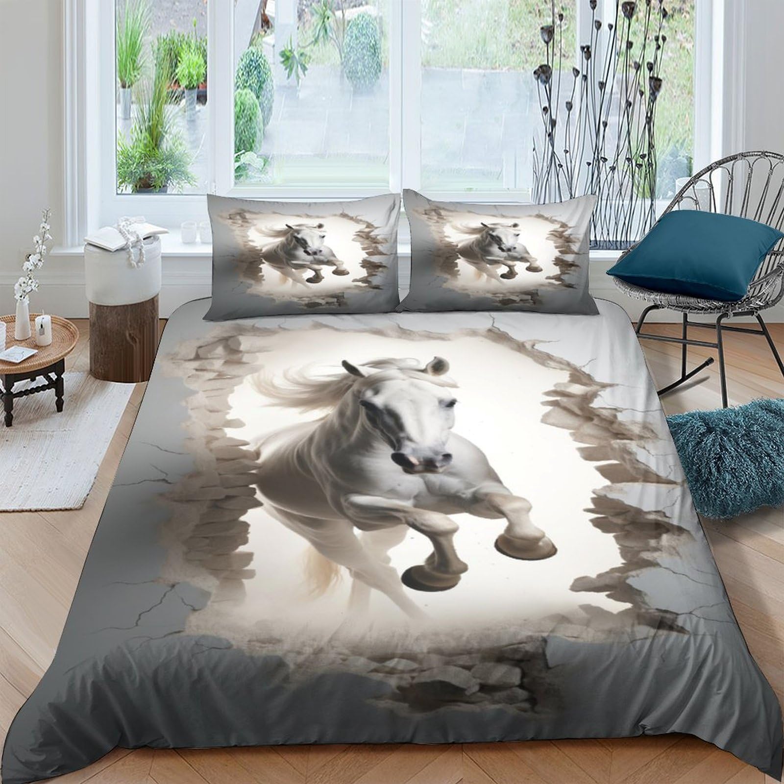 Couette cheval 3D pour lit double 200x200 cm, parure de lit animaux sauvages 3 pièces pour enfant