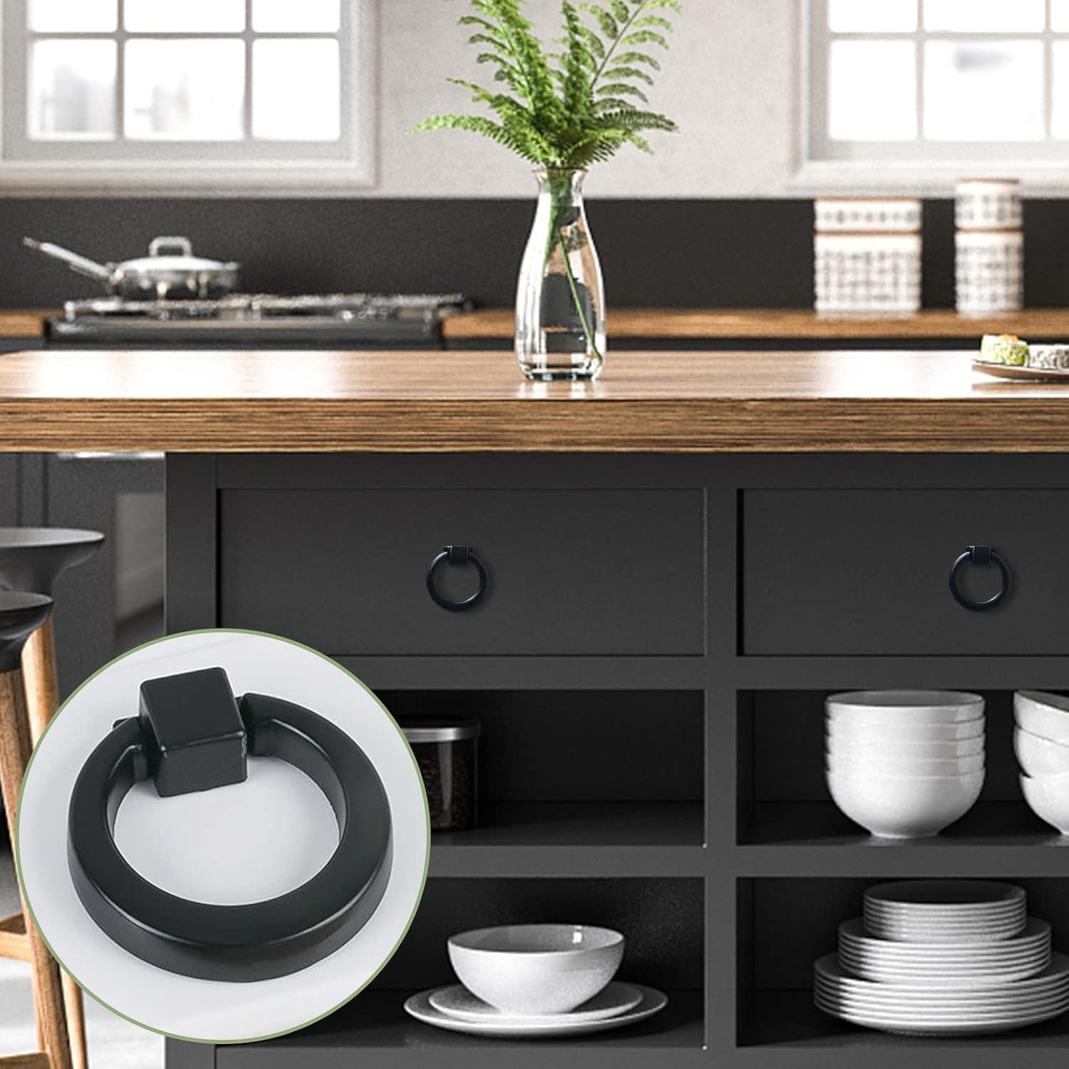 Modern Cabinet Drawer Pull Handle Dresser Wardrobe Cupboard Knob Ring Pack of 4 (Black)