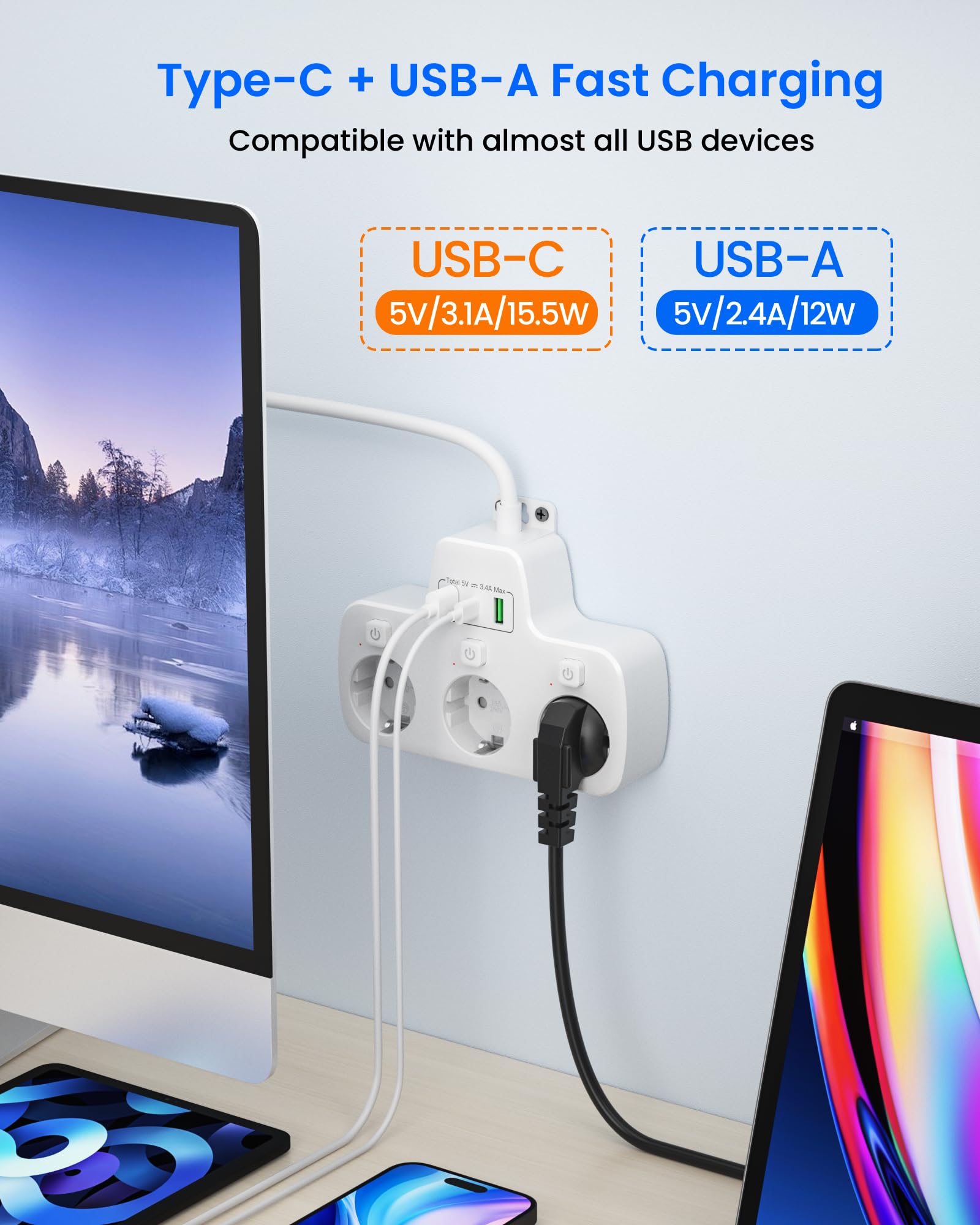 Regleta Enchufes Plano con Interruptor Individual,Ladron Enchufes USB C 3 Tomas Schuko,Enchufe Multiple Pared Clavija Extra Plana,Outlet Extender 2M Alargador Cable,Tomadas Electricas,Blanco