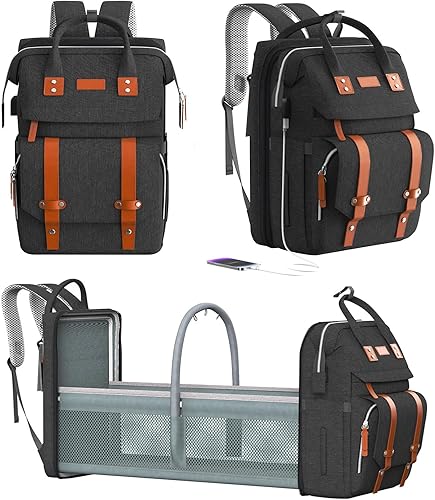 Mochila para pañales con cambiador, mochila grande para bebé para viajes, bolsa de bebé multifuncional para mamá y papá, color negro