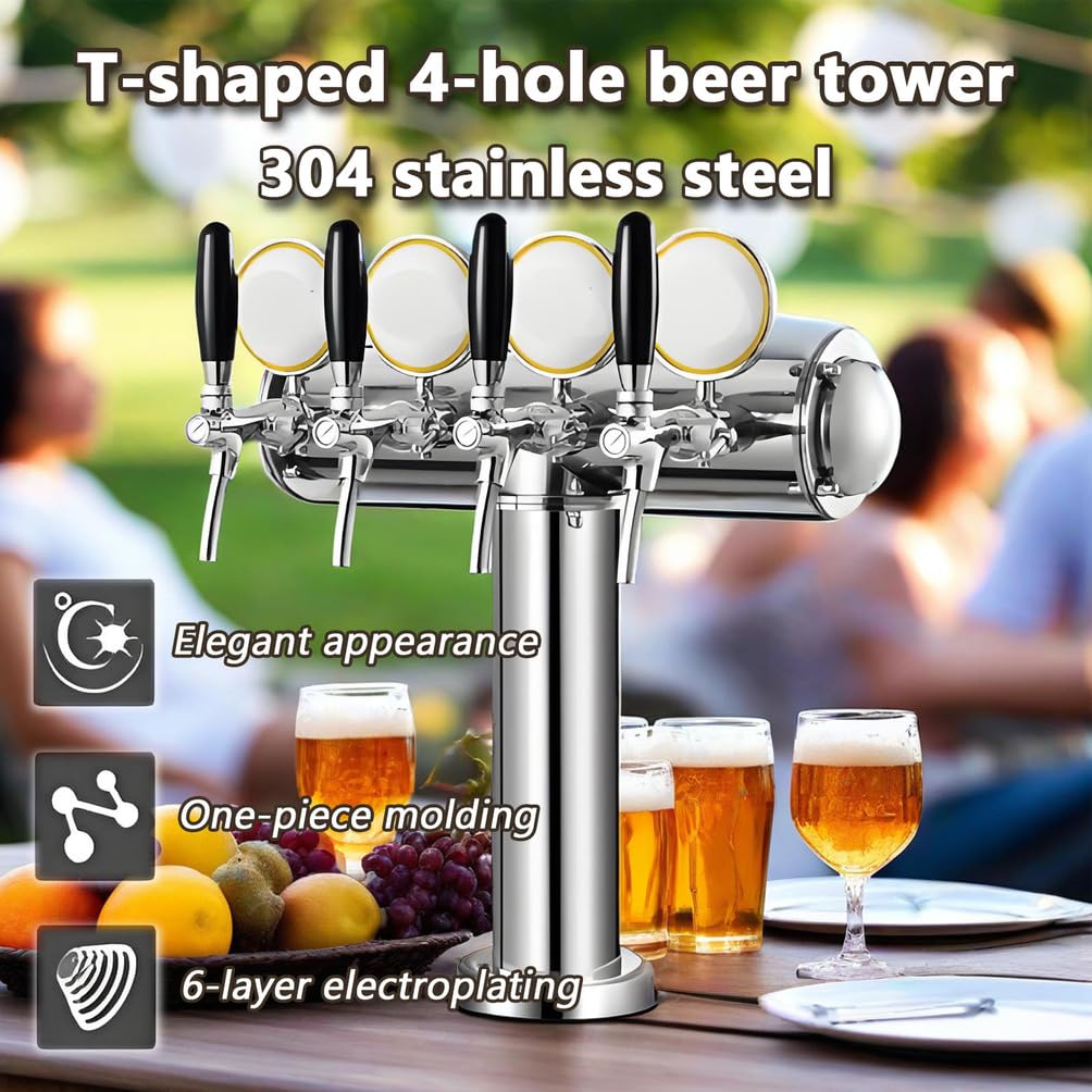 4 Rubinetti Torre per Birra, Distributore Birra Portatile in Acciaio Inox,con Segno Liquore Luminoso a LED, per Hotel e Bar