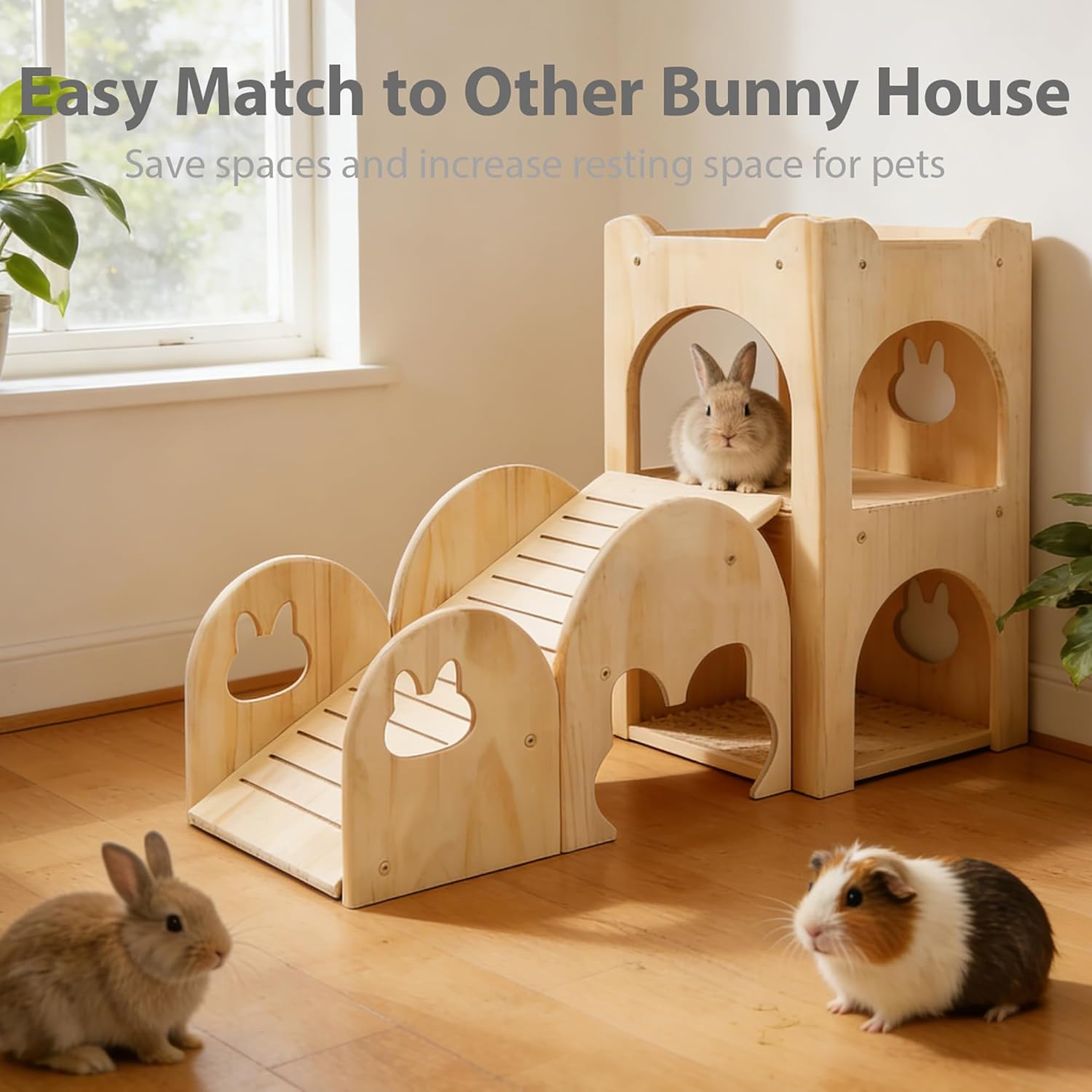 Large Rabbit Hideout Thicken Hard Wooden Bunny House Castle Climbing Tower Detachable Playhouse Ventilated Guinea Pig Wooden Hideout for Hamster Chinchilla (Set of 2)