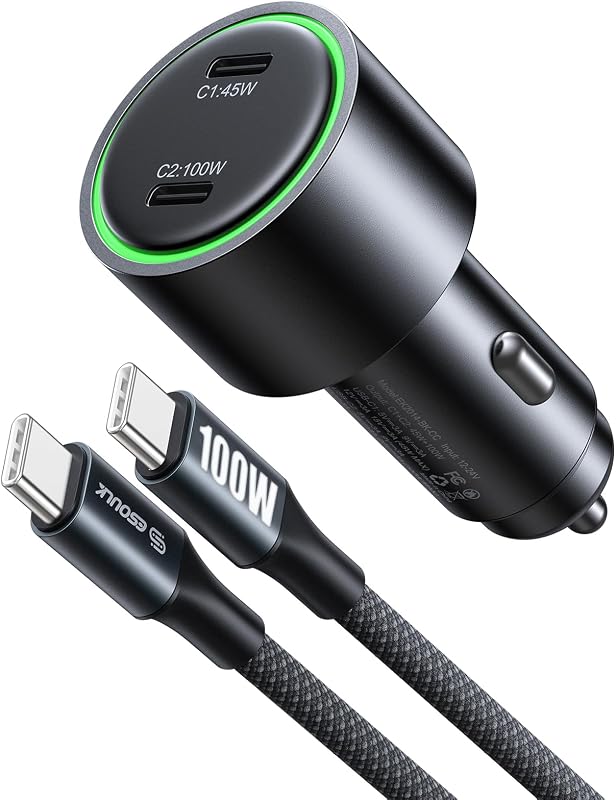 Esoulk145W USB C Car Charger Dual Port Cigarette Lighter Phone Charger | 145W fast dual USB-C car charger, includes 6ft 100W braided USB-C cable, charges 2 phones, tablets, or laptops.