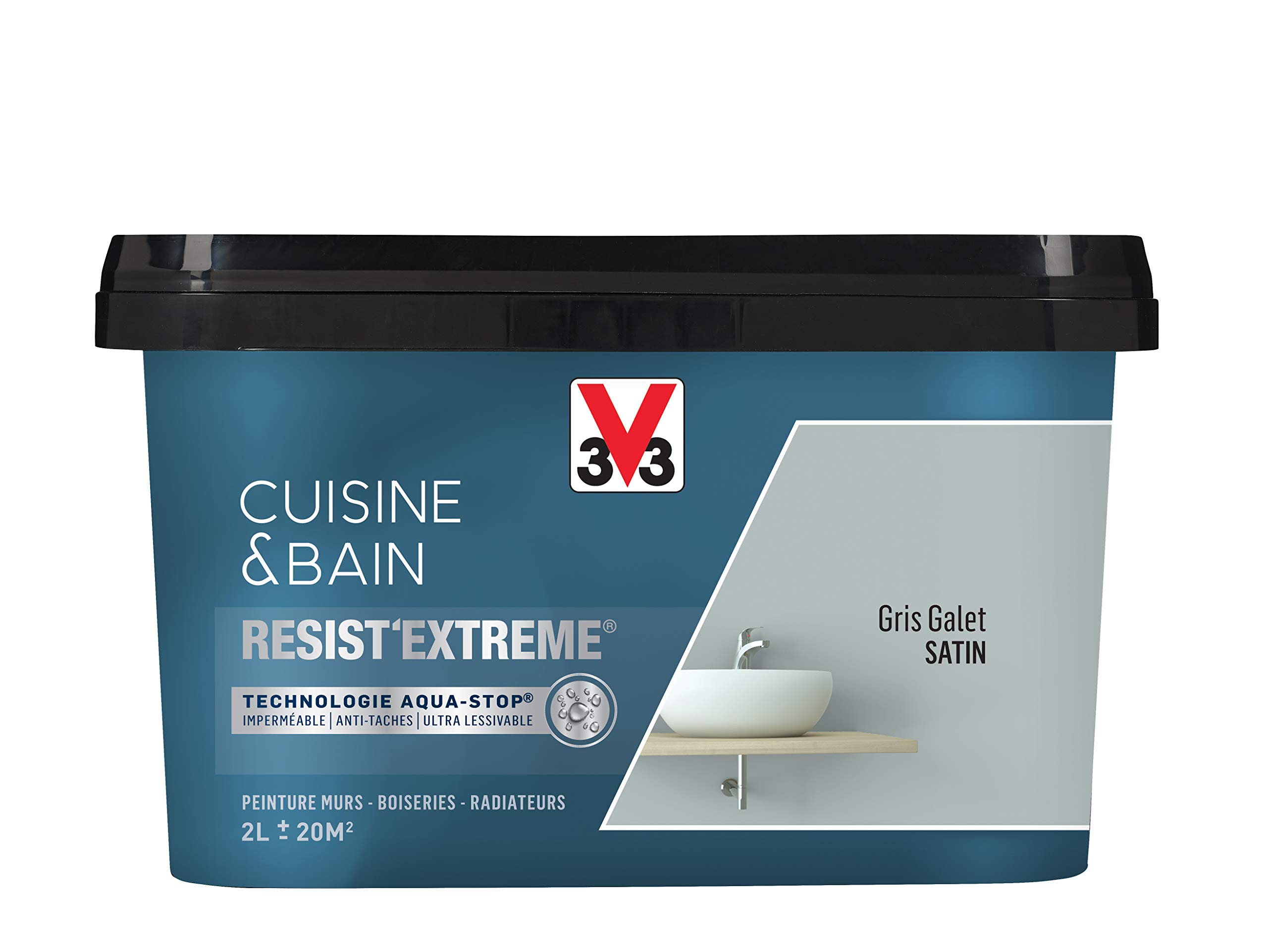 V33 Peinture multi-supports monocouche Cuisine & Bain Resist'Extrême® Satin, Gris Galet, 2L | Multi-supports, Peinture murs boiseries radiateurs, Imperméable, Anti-taches, Ultra Lessivable
