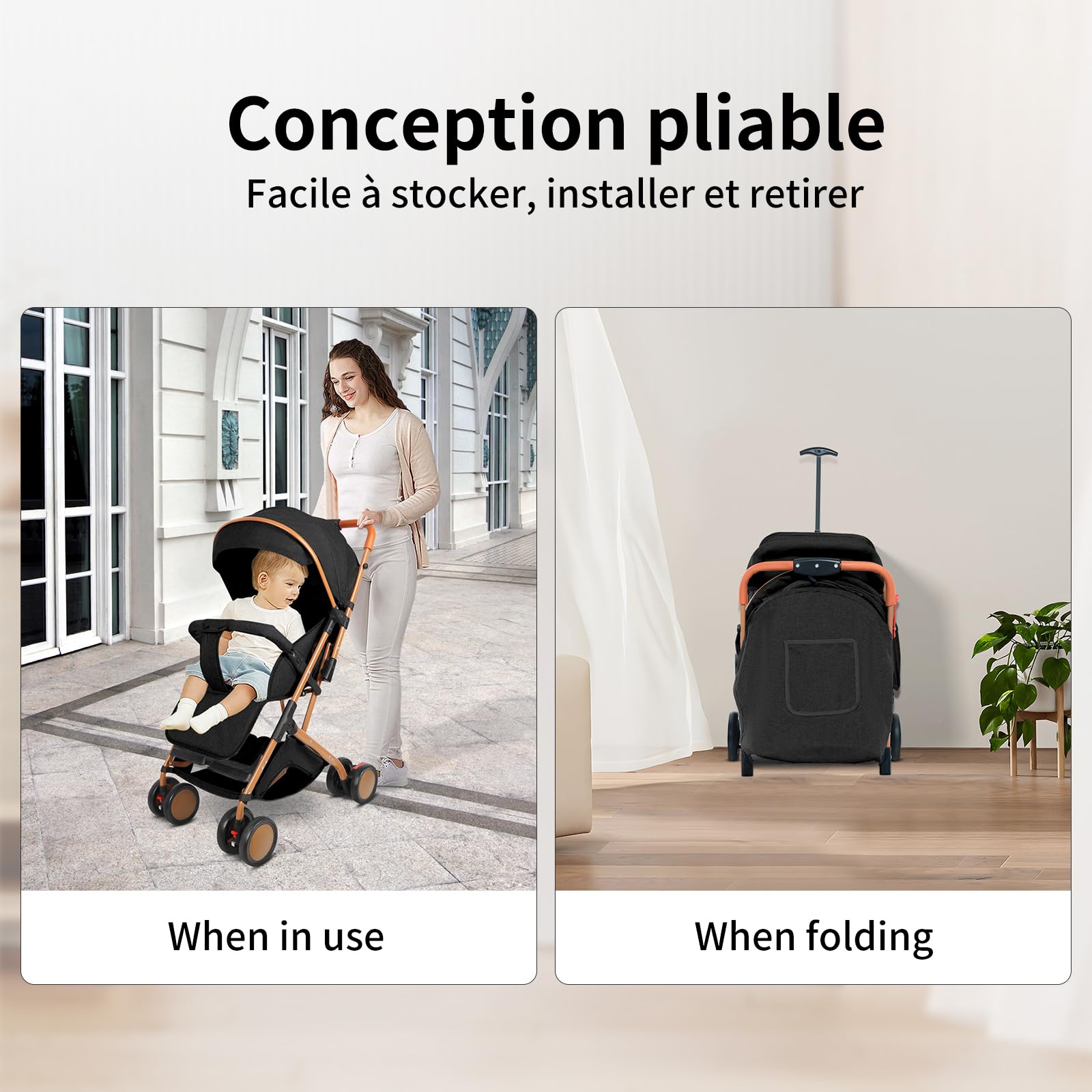 Passeggino a canna compatta, Passeggino, Ultra-compatto, passeggino reclinabile, gambe dorate, con zanzariera, borsa per il trasporto, cappottina extra-large 0-6 anni, ripostiglio con una sola mano