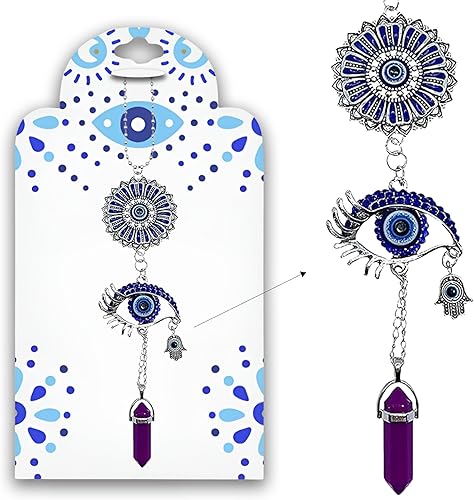 Miniatura 9 de LUCKBOOSTIUM Adorno plateado contra el mal de ojo con cadena de bolas con cristal azul, mano de Hamsa, piedra colgante – para buena suerte y Piedra