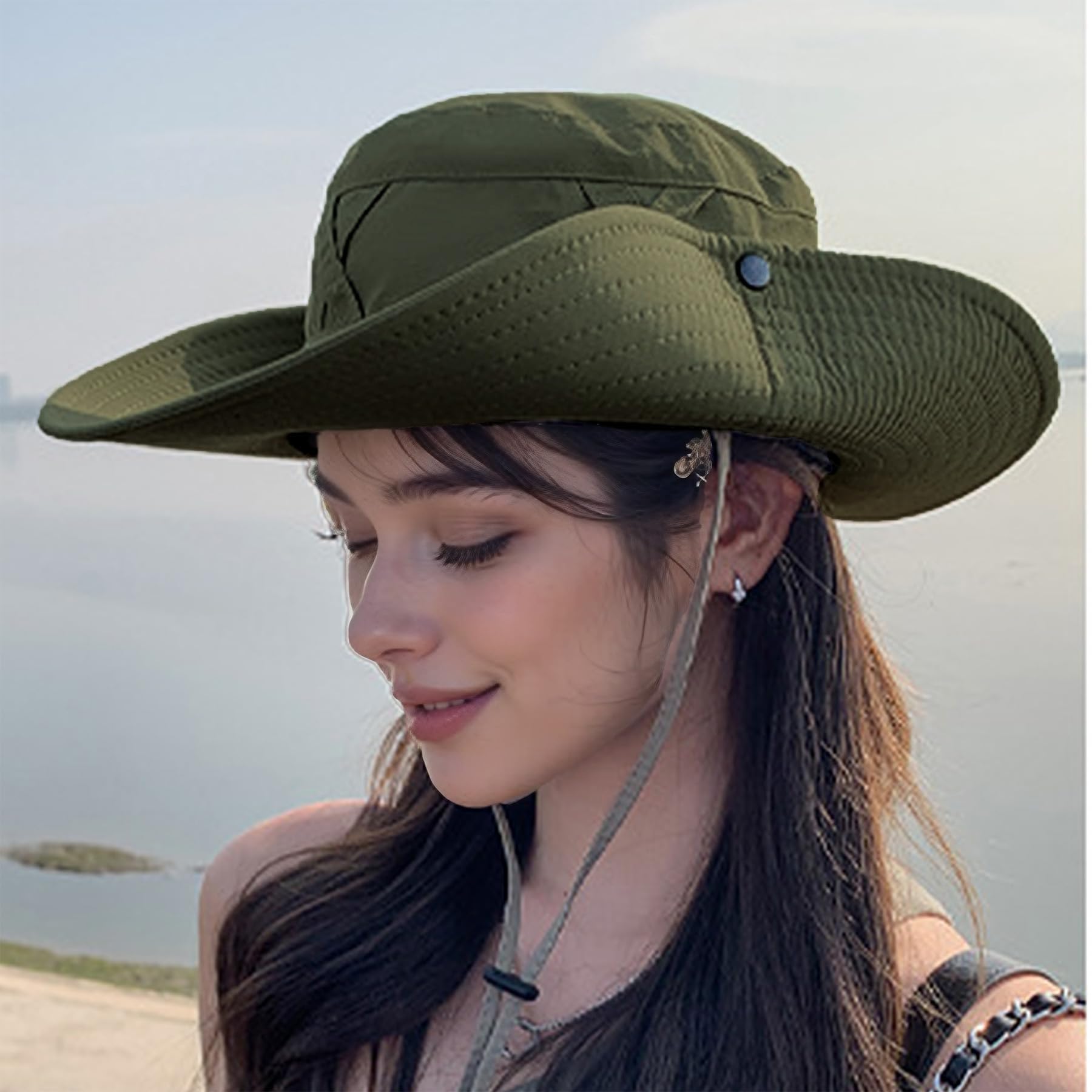Feng Shui， Outdoor-Eimerhut für Damen – atmungsaktiver Sonnenhut mit breiter Krempe und UV-Schutz, verstellbarem Riemen und Kreuzband-Design