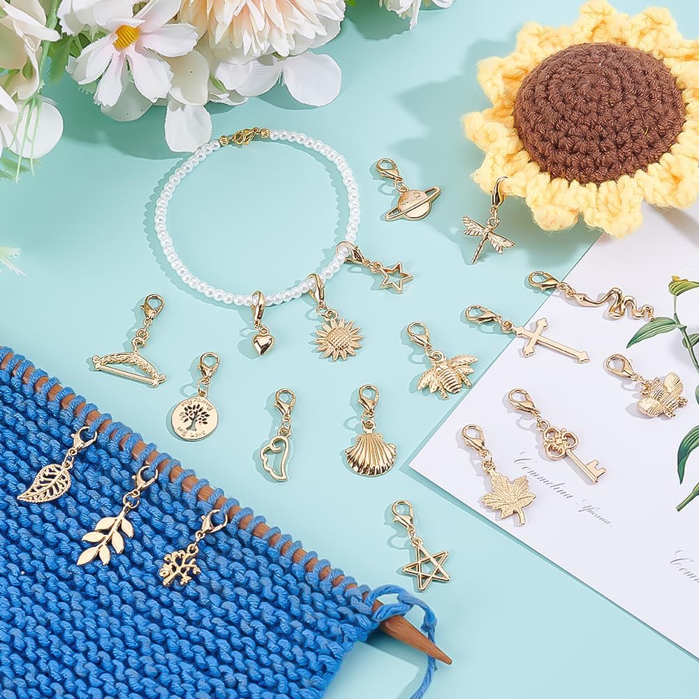 60Pcs Clip on Charm Pendants Alloy Golden Dangle Charm Pendant with Lobster Clasp Mixed Animal Flower Heart Star Dangle Charms Craft Supplies for DIY Jewelry Making Accessories