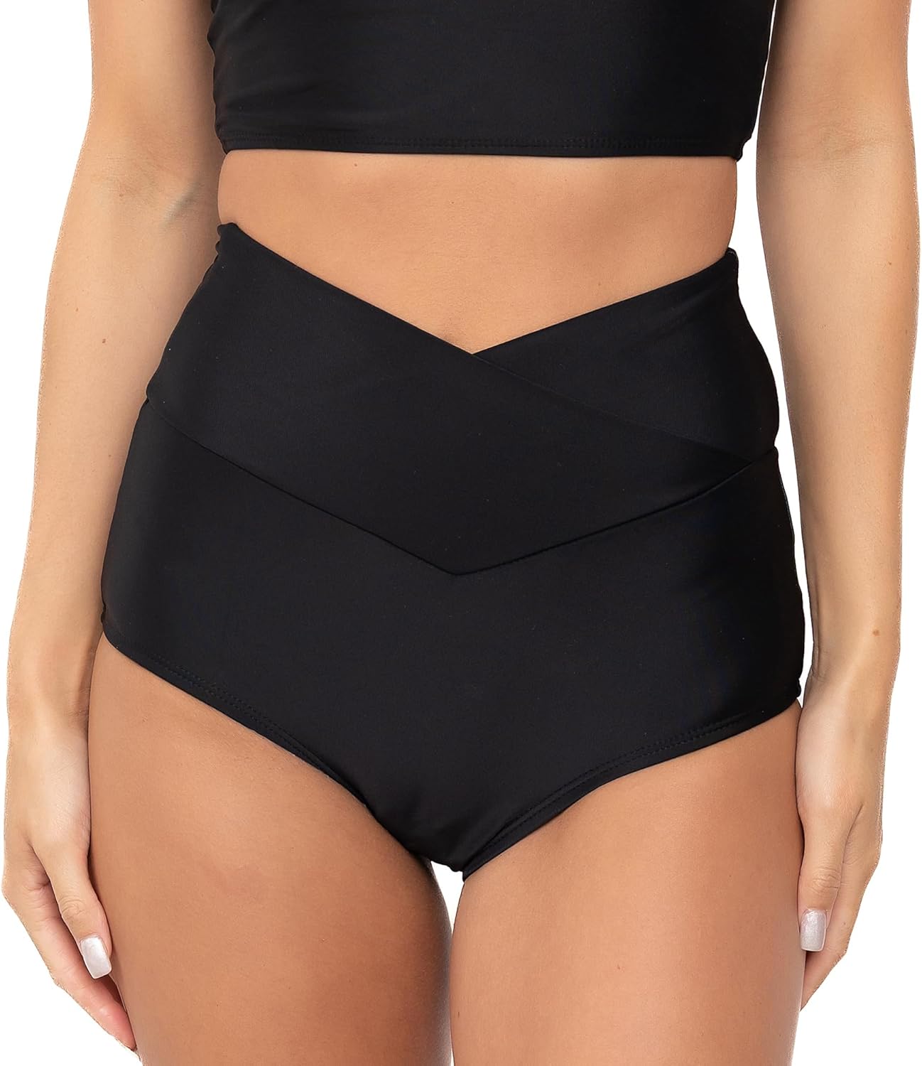 MANAVA Vacationer Bottom Black Women’s High Rise V Cut Bikini Bottom, Ruched High Waisted Swim Bottoms - (XXS - 3XL)