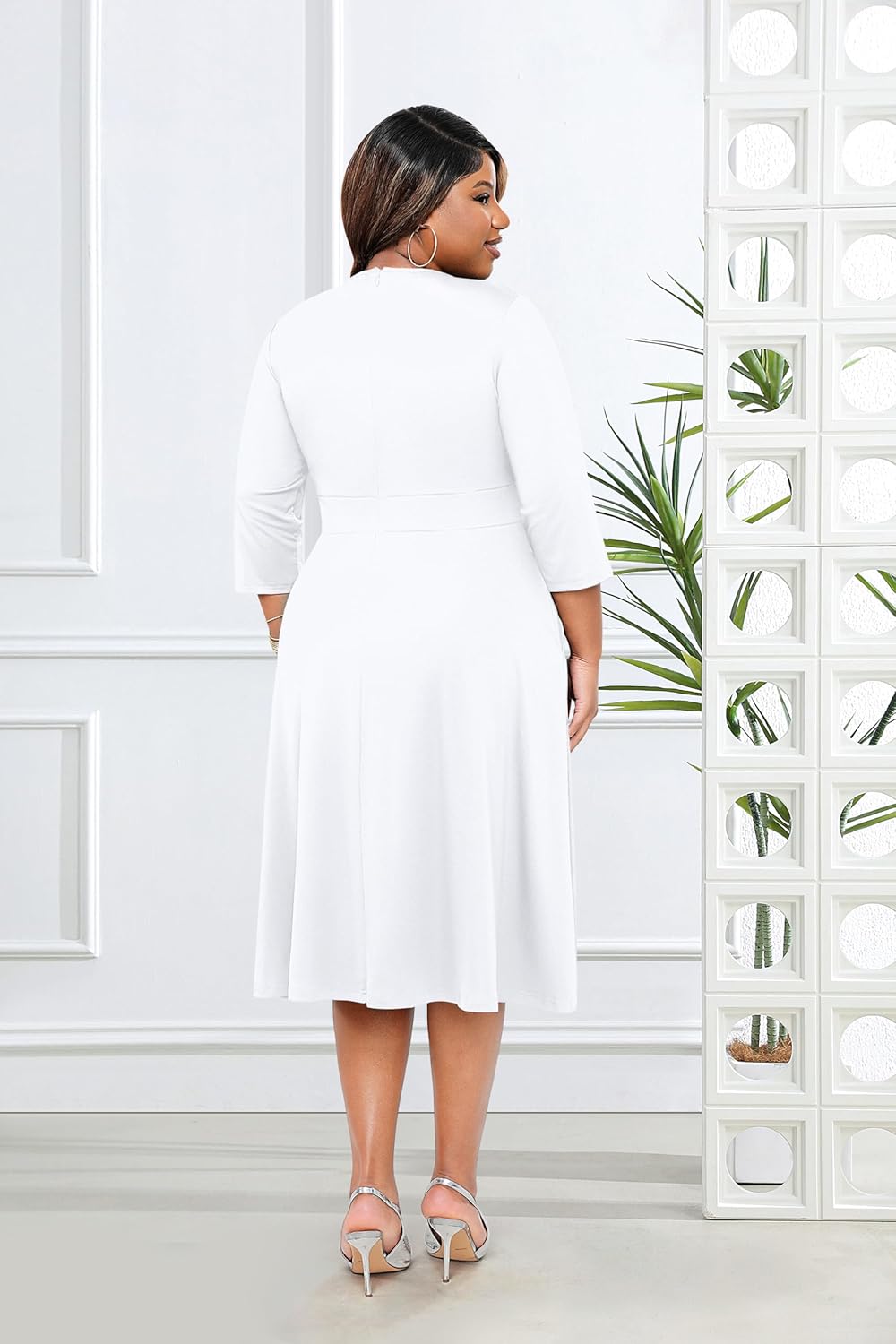 Runwind Plus Size Midi Dress for Women Casual Cocktail Church 3/4 Sleeve V Neck Work A-Line Dresses with Pockets - Image 5