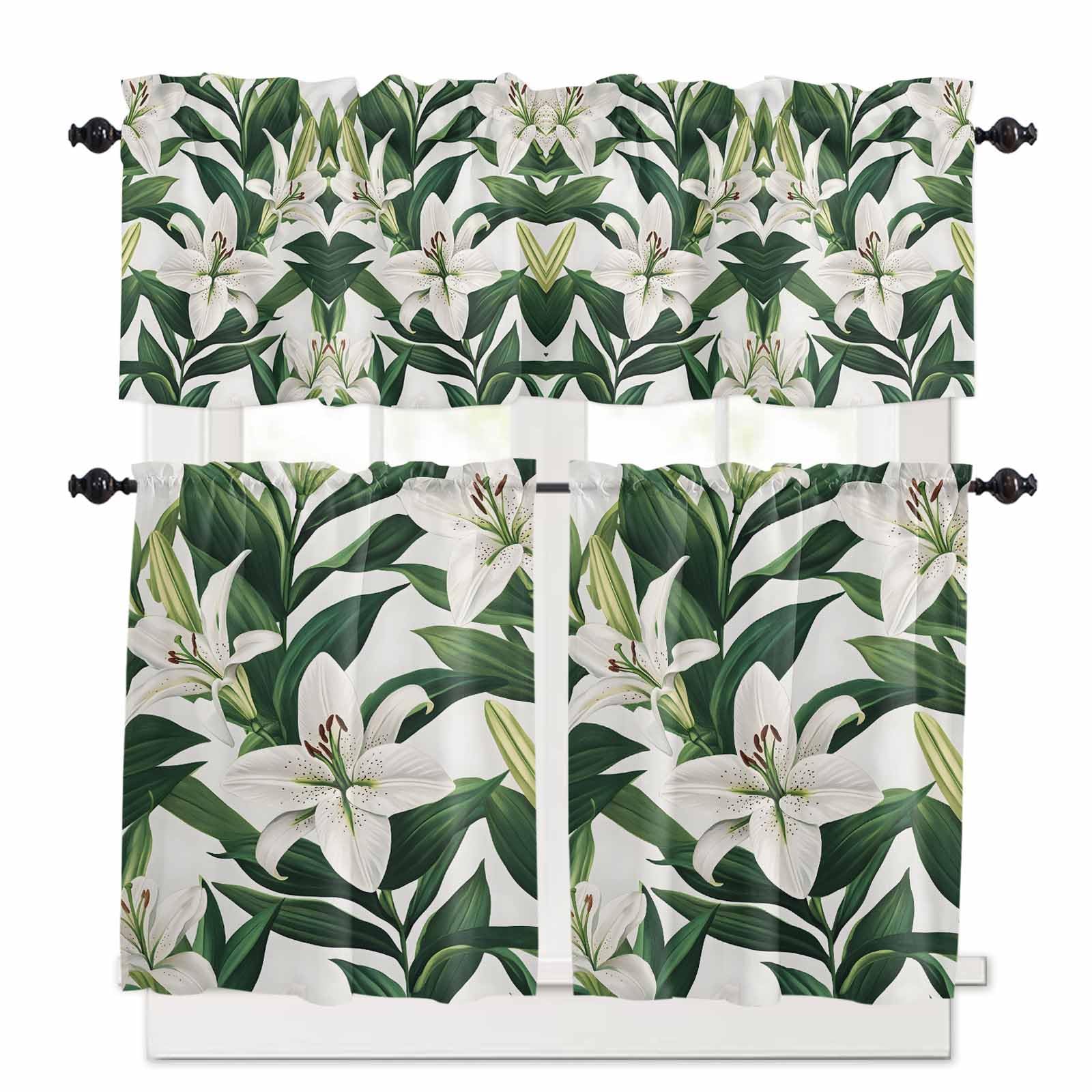 Kitchen Curtains and Valances Set, Watercolor Flower Rod Pocket Curtains Tier Farmhouse Window Treatment 36 Inch Length, Farm Lily Floral Botanicals Plant 3 Piece Kitchen Curtain Set