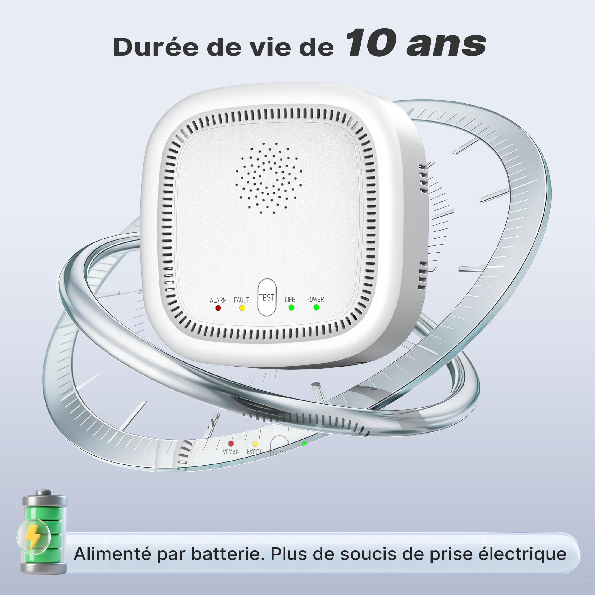 Detector de Gas 100% a Baterías, Detecta Gas Natural GPL Metano Propano con Alarma Acústica y Visual para Casa y Autocaravana (No Incluye Pilas)