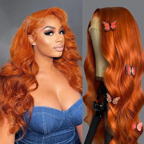 Ginger Orange Lace Front Wig Pre Plucked Ready to Wear 13x4 HD Glueless Body Wave Ginger Lace Front Wig for Women Natural Looking Synthetic Heat Resistant Fiber Ginger Wig (26 Inch, Ginger Orange)