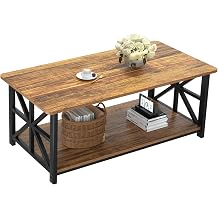 GreenForest Coffee Table with Round Corner, Farmhouse Center Table with 2-Tier Storage Shelf X-Frame Design for Living Room, 39 inch Walnut