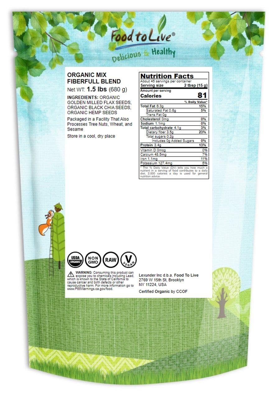Food to Live Organic FiberFull Flax, Hemp and Chia Seeds Blend, 1.5 Pounds Cold-Milled Flax, Non-GMO, Bulk. Rich in Omega 3 and Fiber. Perfect for Smoothies, Salads, Oatmeal