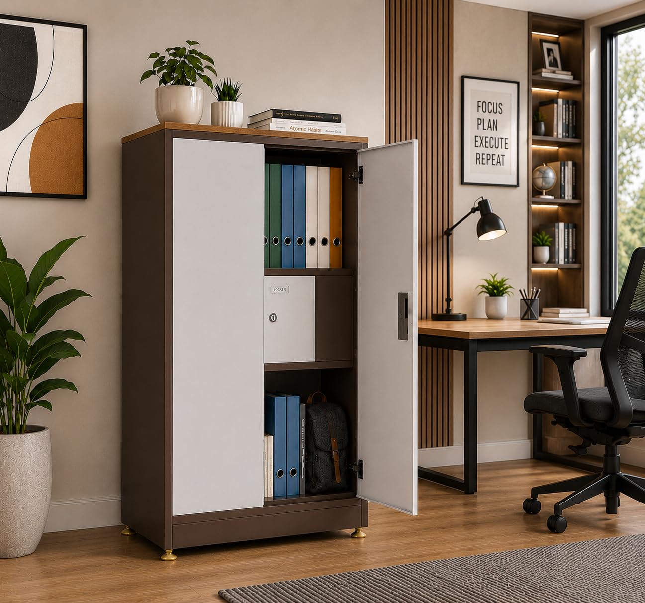 Amazon Brand - Solimo Steel Almirah with Locker Cabinet, 2 Door Small Steel Cupboard, 0.8 mm Gauge Cold Rold Heavy-Duty Construction, Powder-Coated Storage Unit for Home & Office (Brown)