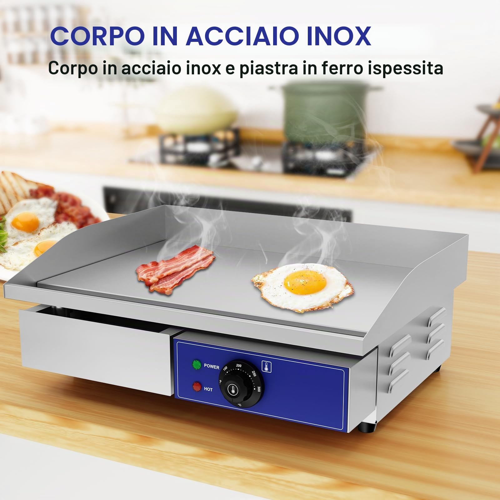 Taimiko Piastra elettrica professionale in acciaio inox 3000 W, 220-240 V, piastra grill in ghisa liscia, L540 x l355 mm, termostato da 50 a 300 °C, anti spruzzi, 18,5 kg