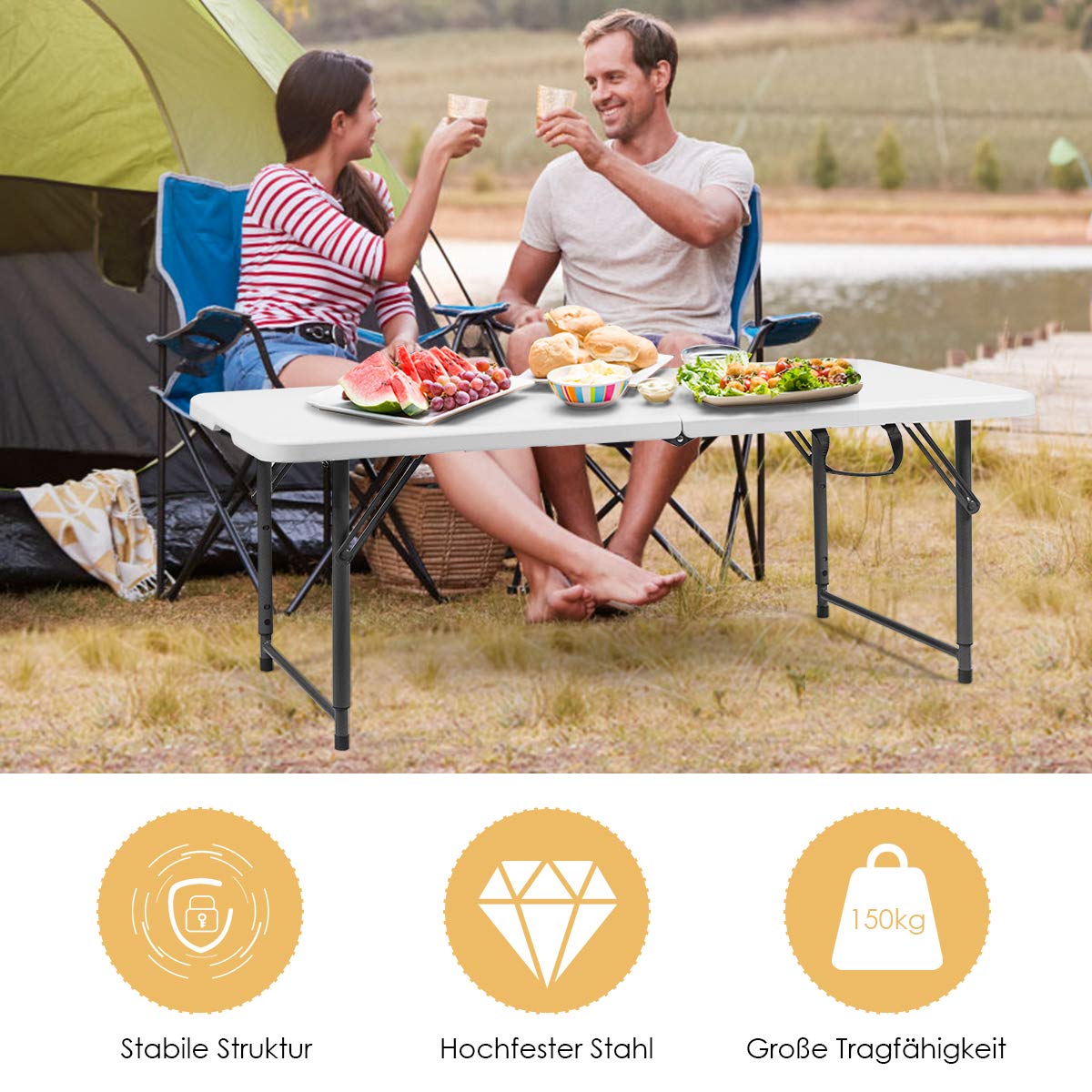 RELAX4LIFE Campingtisch kalppbar, Klapptisch mit Tragegriff, Tapeziertisch belastbar bis 150 kg, Gartentisch höhenverstellbar, Multifunktionstisch zum Campen für Festivalls Märkte, (122 x 61 x 74 cm)