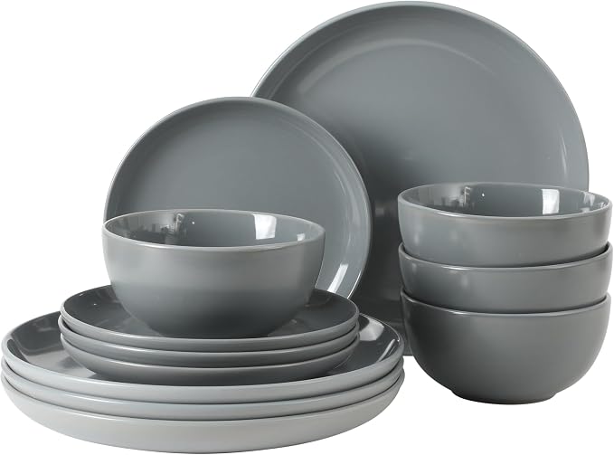 Gibson Home Rockaway 12-Piece Stoneware Dinnerware Set, Matte Finish, Service for 4, Modern Ceramic Plates and Bowls, Microwave & Dishwasher Safe – Soft Gray - Service for 4