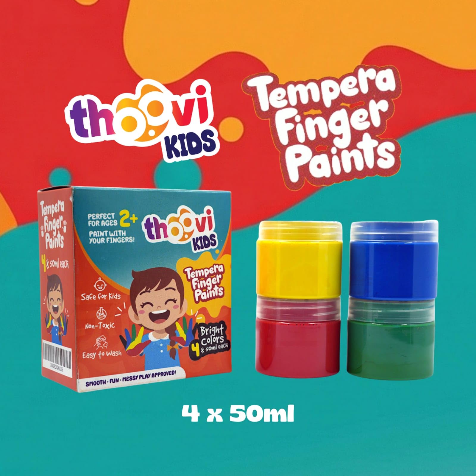 Washable Finger Paints for Toddlers, Safe Non-Toxic Tempera Paints, 4 x 50ml Vibrant Colors, Baby Safe Paint for Hand and Feet, Mess Free Art Supplies for Kids, Preschool Learning Gifts, Ages 2+