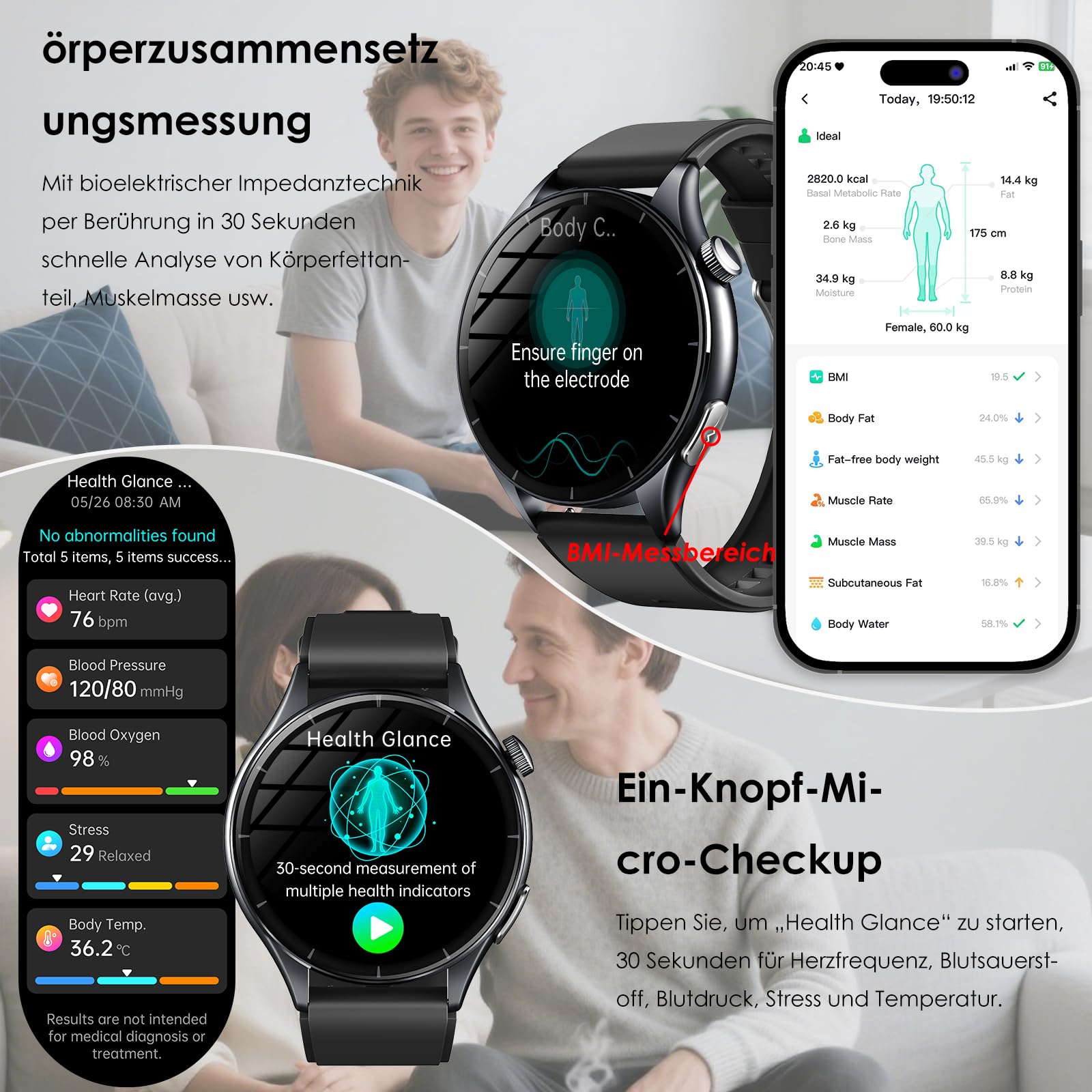 2026 Neu Smartwatch Herren mit EKG/Blutdruck/Harnsäure/Schlaf/HRV/LED-Licht | 1,56"AMOLED Rund Gesundheitsuhr mit Emotion/Stimmung/BMI/SpO2/Körpertemperatur/Pulsuhr,SOS-Notruf Fitnessuhr für iOS Android